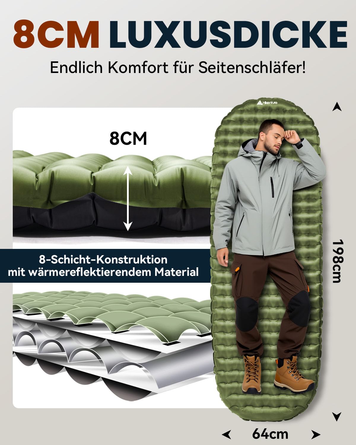 HIKENTURE Isomatte Camping R-Wert 6,2, 8CM Dicke Luftmatratze 198×64cm | Kleines Packmaß, Ultraleicht, mit Pumpsack, geeigent für 4 Jahreszeiten, Effektive Isolierung gegen Kälte Outdoor