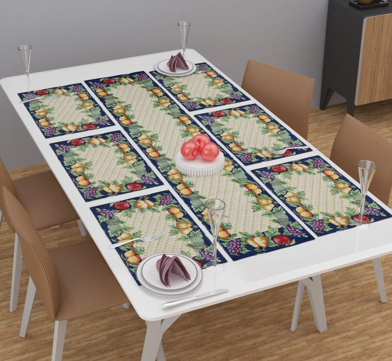 Home Decor Kart Cotton Jacquard Dining Table Mats with Runner, 1 Runner and 6 Mats - 12.5" x 19" and Table Runner- 54" x 13", 5 (Flower Design) -Set of 7