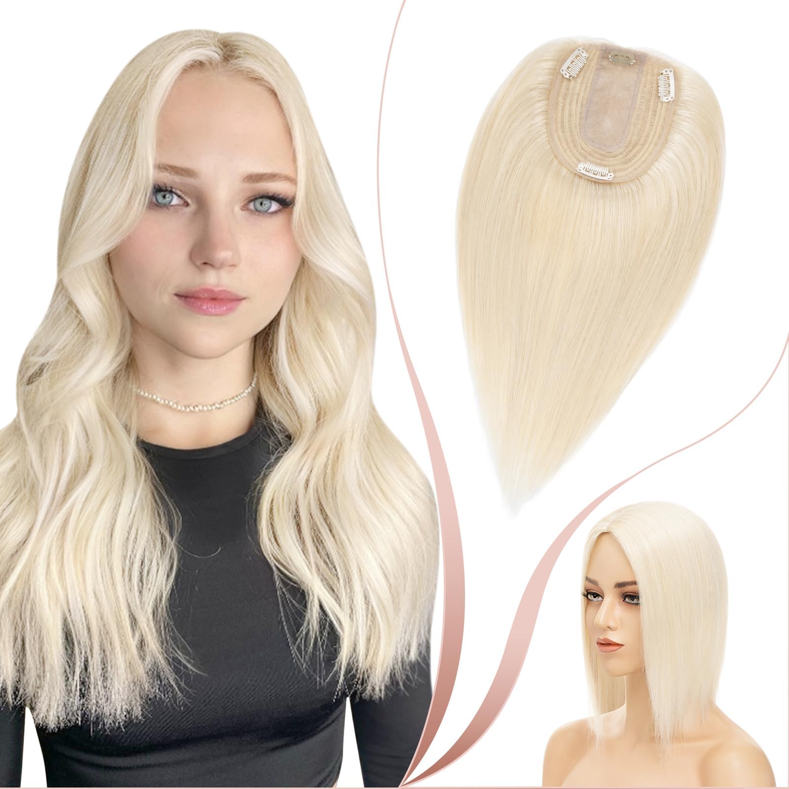 Elailite Hair Topper For Women uk Thinning Hair Human Hair Real Hair - Clip in Toupee Extensions MIDDLE SILK BASE Crown HairPiece (#60 Platinum Blonde, 12 Inch)