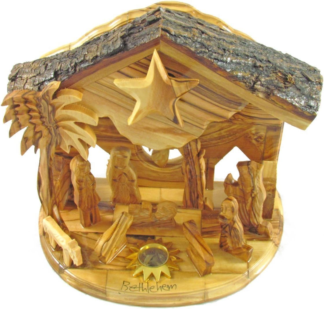 Olive Wood Rotating Star Musical Nativity Scene - Plays Silent Night
