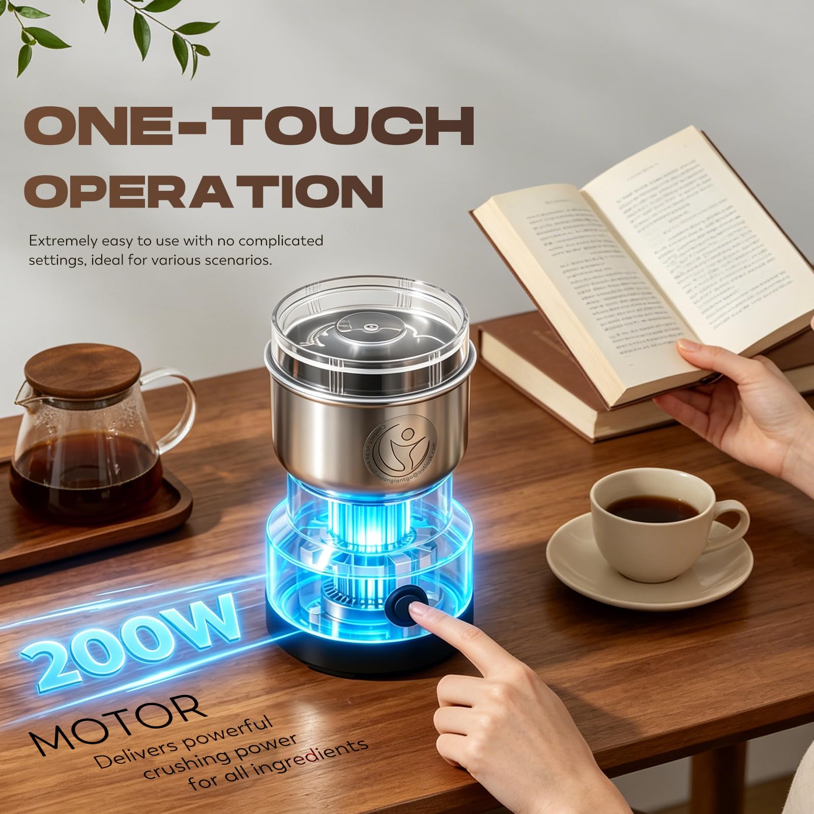 Moongiantgo Moulin à Céréales Multifonctionnel 200W 14500rpm, Moulin à Café Ultra-Fin, 300ml Broyeur à Épices Électrique Portable, Acier Inoxydable, Parfait pour Matières Sèches, Herbes, Café (Argent)