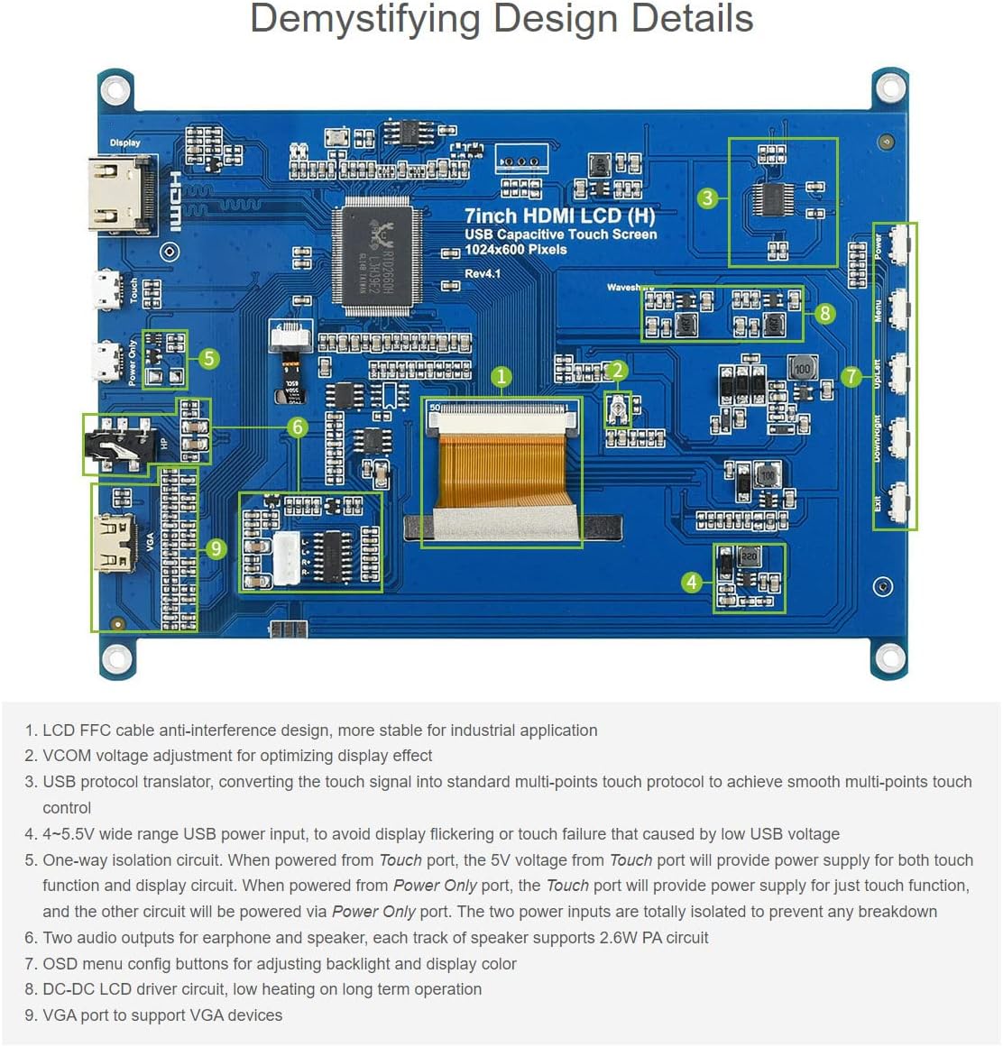 [Latest Version] Waveshare 7inch Capacitive Touch Screen LCD Monitor for RPi 400 4 3 Model B Compatible with All Versions of Raspberry Pi Windows with HDMI/VGA Port
