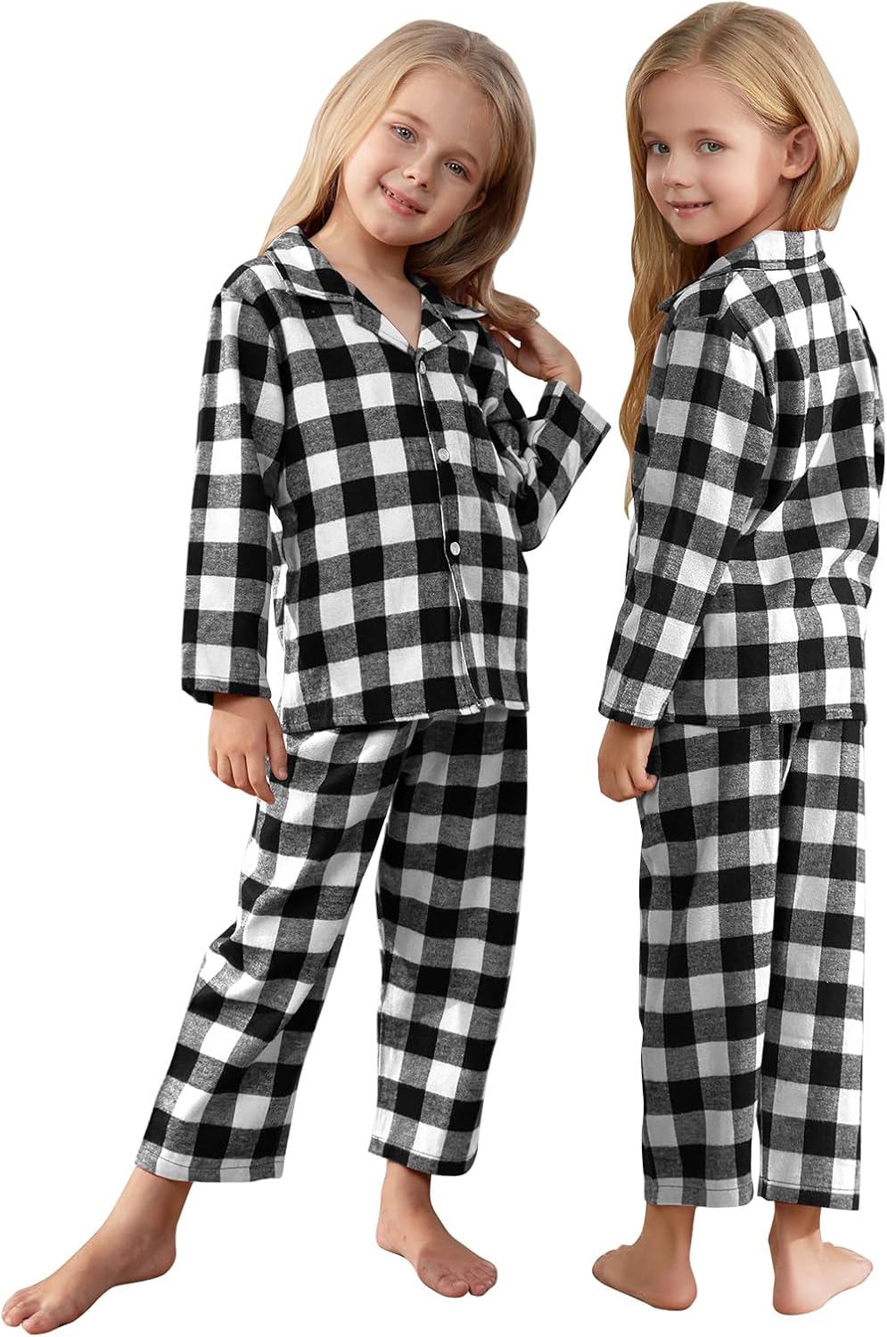 Schbbbta Kids Pajamas Set, Plaid Button Down Pjs for Girls & Boys, 9 Months - 14 Years - Image 2