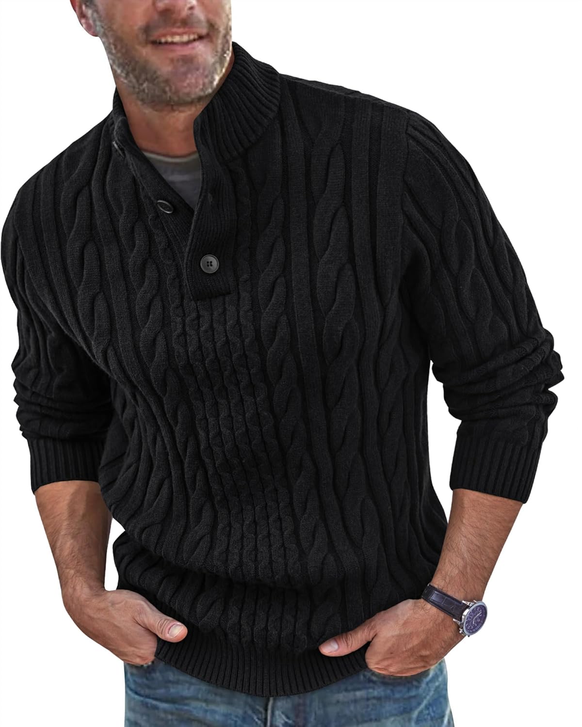 Beotyshow Mens Stand Collar Pullover Sweaters Cable Knitted Solid Twisted Thermal Sweaters with Buttons for Men