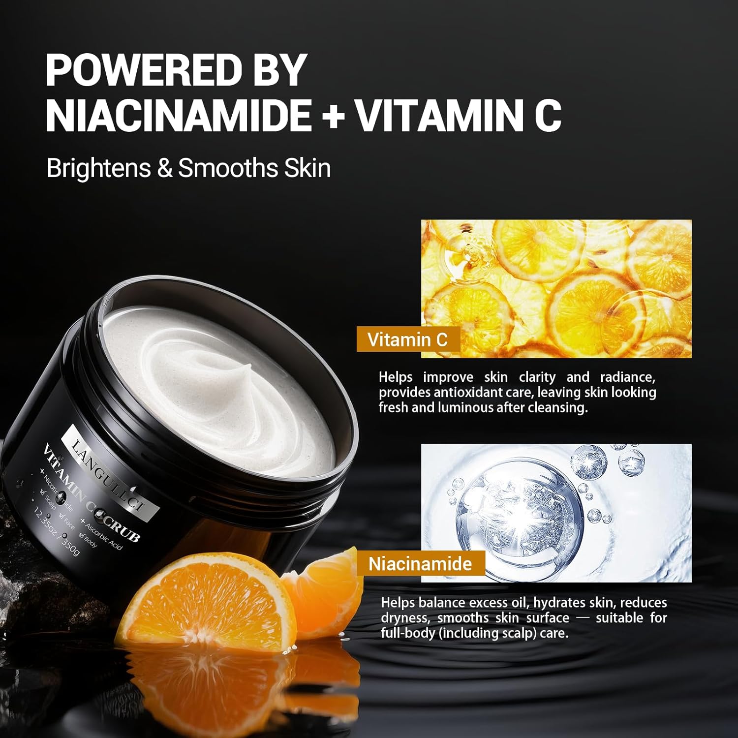 Face, Body & Scalp Scrub, 3-in-1 Gentle Microdermabrasion Exfoliating Scrub with Niacinamide & Vitamin C, Deep Cleansing, Oil Control, Dead Skin Removal, Pore-Refining for Smooth Radiant Skin, 12.3 oz