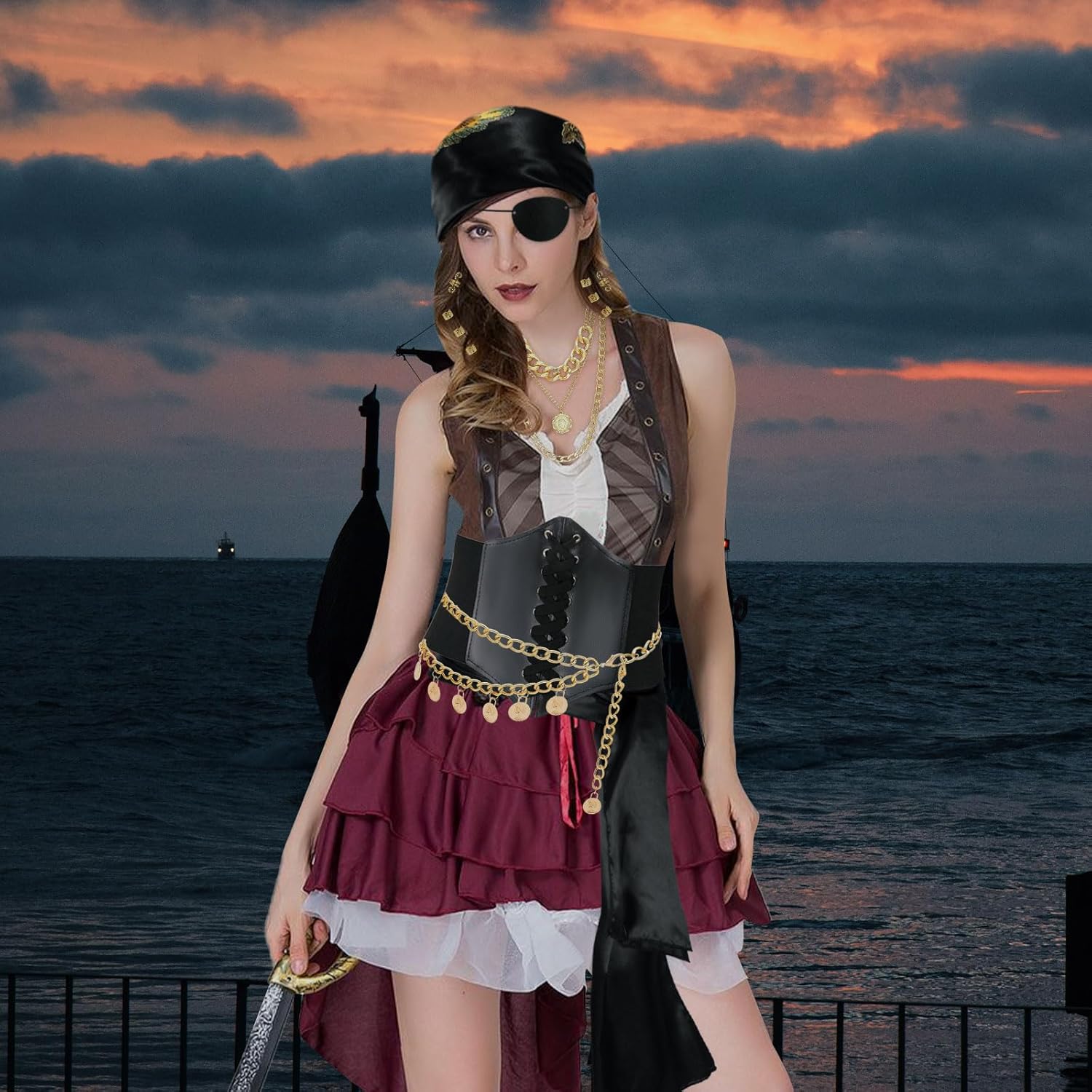 Vermeyen 8 Pcs Pirate Costume Accessories for Women with Head Scarf Wrap Pirate Corset Eye Patch Necklace Sash Chain Belt - Image 6