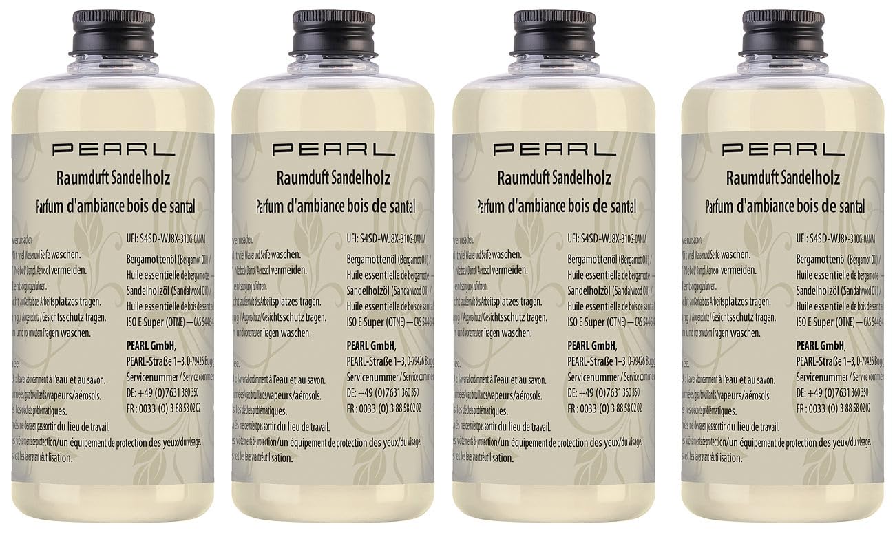 PEARL Raumduft Vorräte: 4er-Set Raumduft-Nachfüllflaschen, Sandelholz-Duft, 4X 500 ml (Duftflüssigkeit Nachfüllflasche, Aromatherapie Nachfüllpacks, Spray)