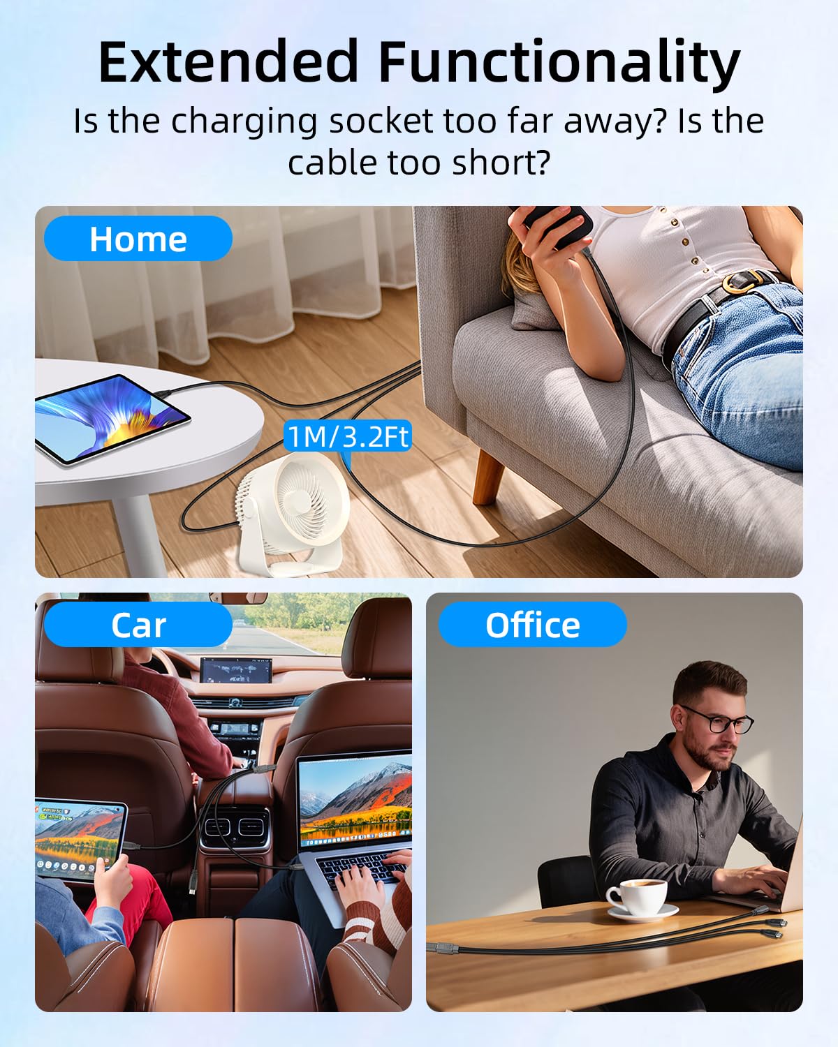 GELRHONR USB C Splitter Charging Cable, USB Type C1 Female to 3 Male Y Splitter Extension Cable, Only for Charging, No Data Transfer, 2Pack 3FT (1 to 3) image 2