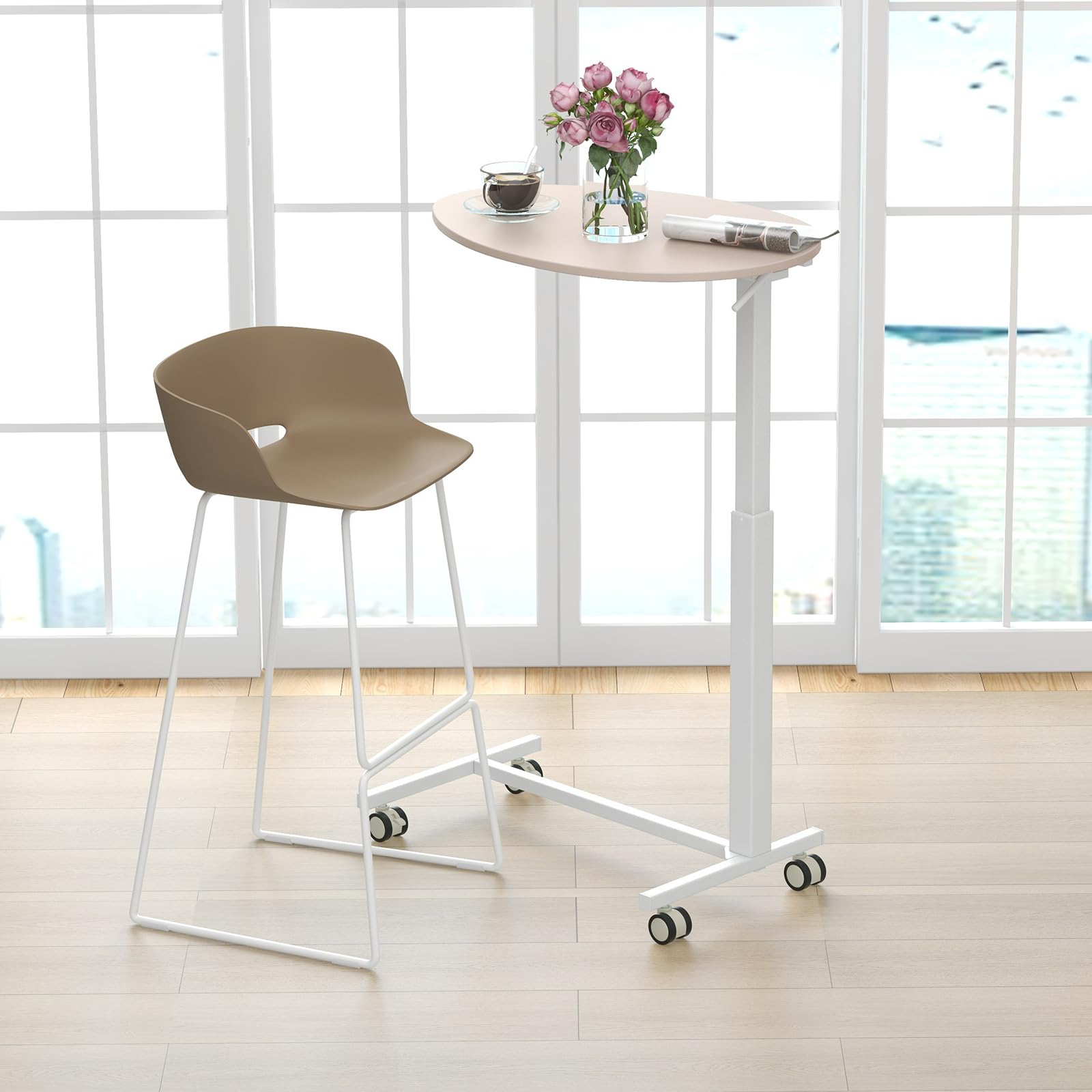 COSTWAY Tavolino da Letto e Divano per PC, Tavolino Regolabile in Altezza con Ruote Bloccabili e Piano Ovale, Tavolo per Mangiare e Lavorare, 76 x 50 x 74-108 cm