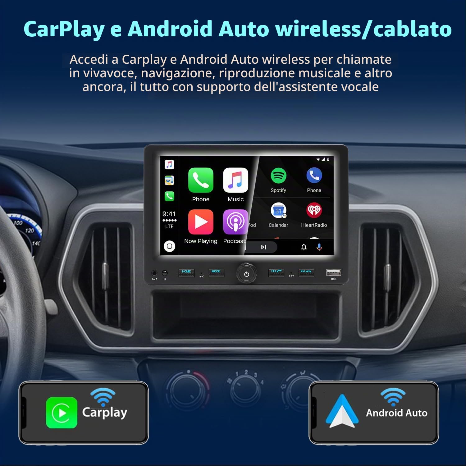 Autoradio 1 Din con Schermo (7") Compatibile con [Wireless] Apple CarPlay Android Auto Bluetooth AM/FM/RDS Radio USB (Type-C carica rapida 3A) AUX SD telecamera di backup