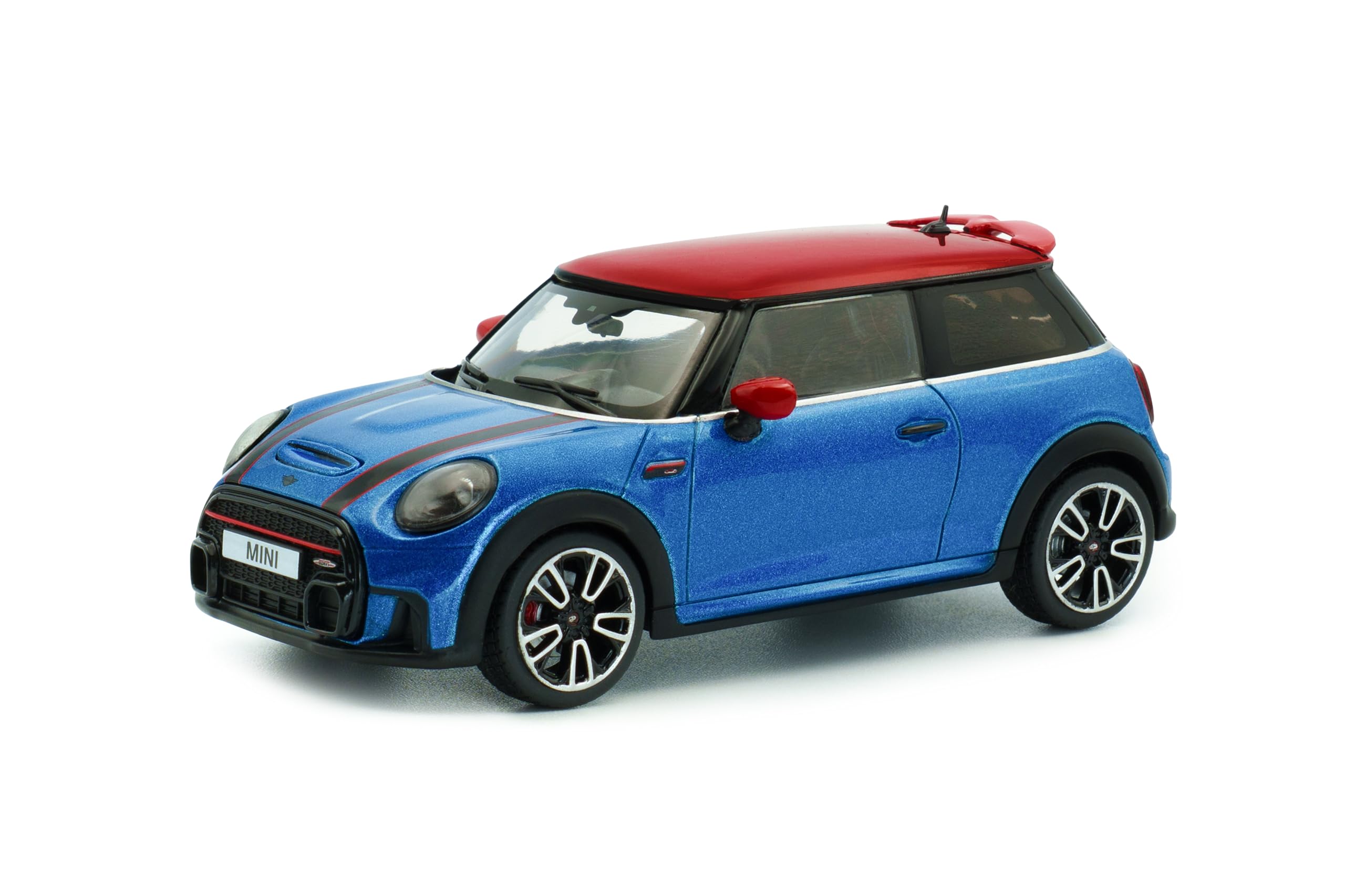 Solido Mini Cooper (2023) - Voiture compacte à Trois Portes, Toit Rouge, détails Sportifs, Voiture Miniature Diecast, Island Blue métallisé, 1:​43