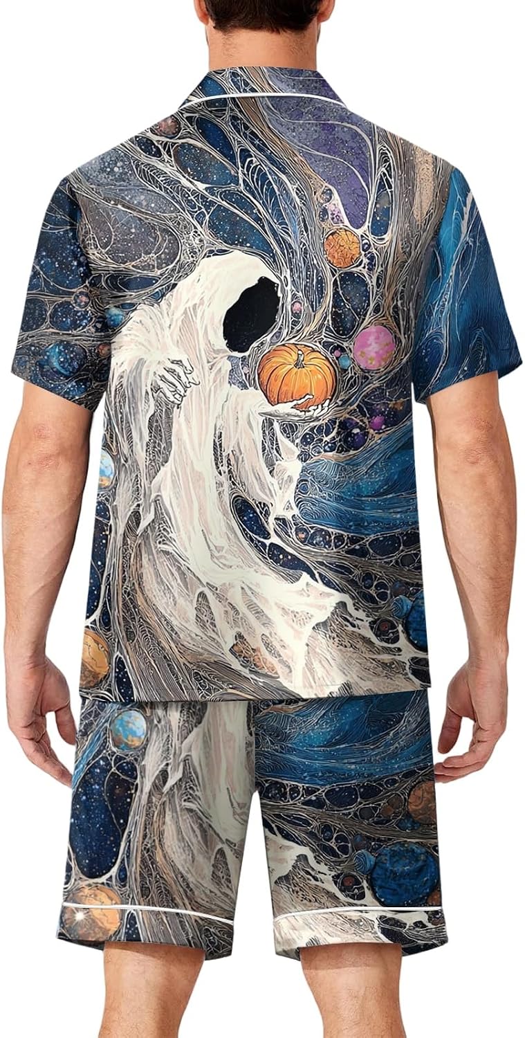 Halloween Satin Pajamas Mens 2 Piece Pjs Set Silk Short Pants Loungewear