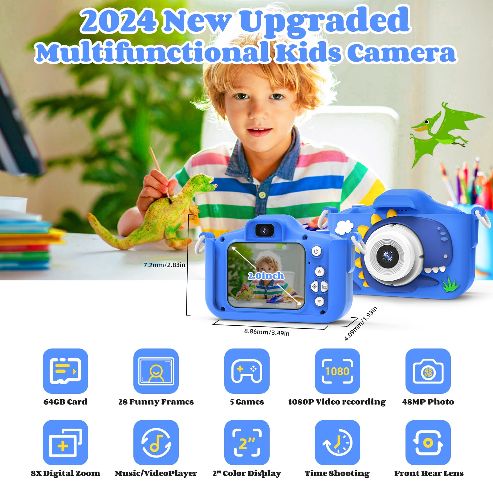 Kids Camera, Camera for Kids with 64GB Card, 48MP, 1080P HD, Kids Camera for Toddler Girls Boys Children, Christmas Birthday Gifts for Toddler Age 3 4 5 6 7 8 9 (Blue)