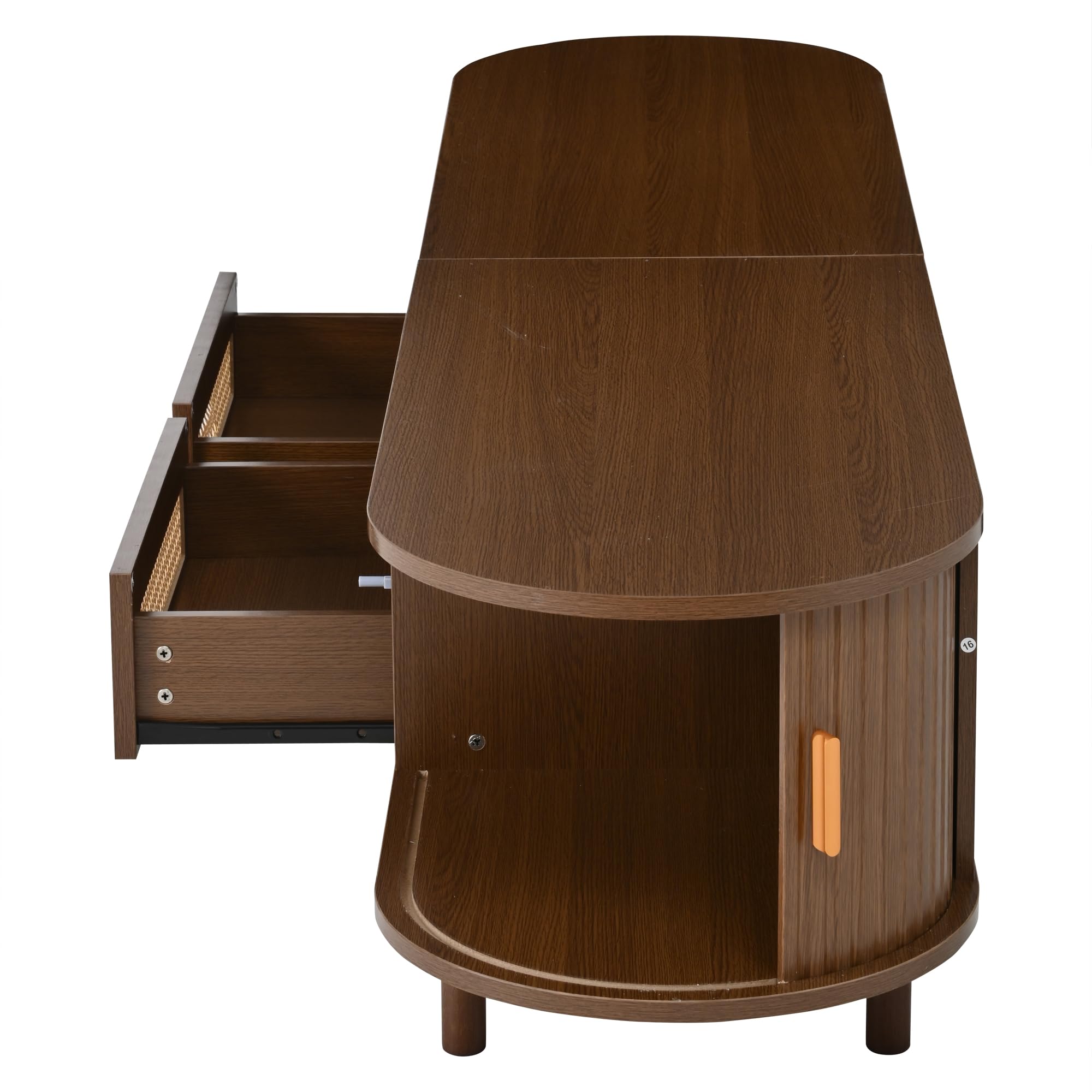 SACOOL Supporto per TV ovale e tavolo per TV, 170 x 40 x 40 cm, mobile TV con 2 cassetti design in rattan, 2 ante scorrevoli, lowboard fino a 70 pollici, tavola TV e cassettiera TV, noce