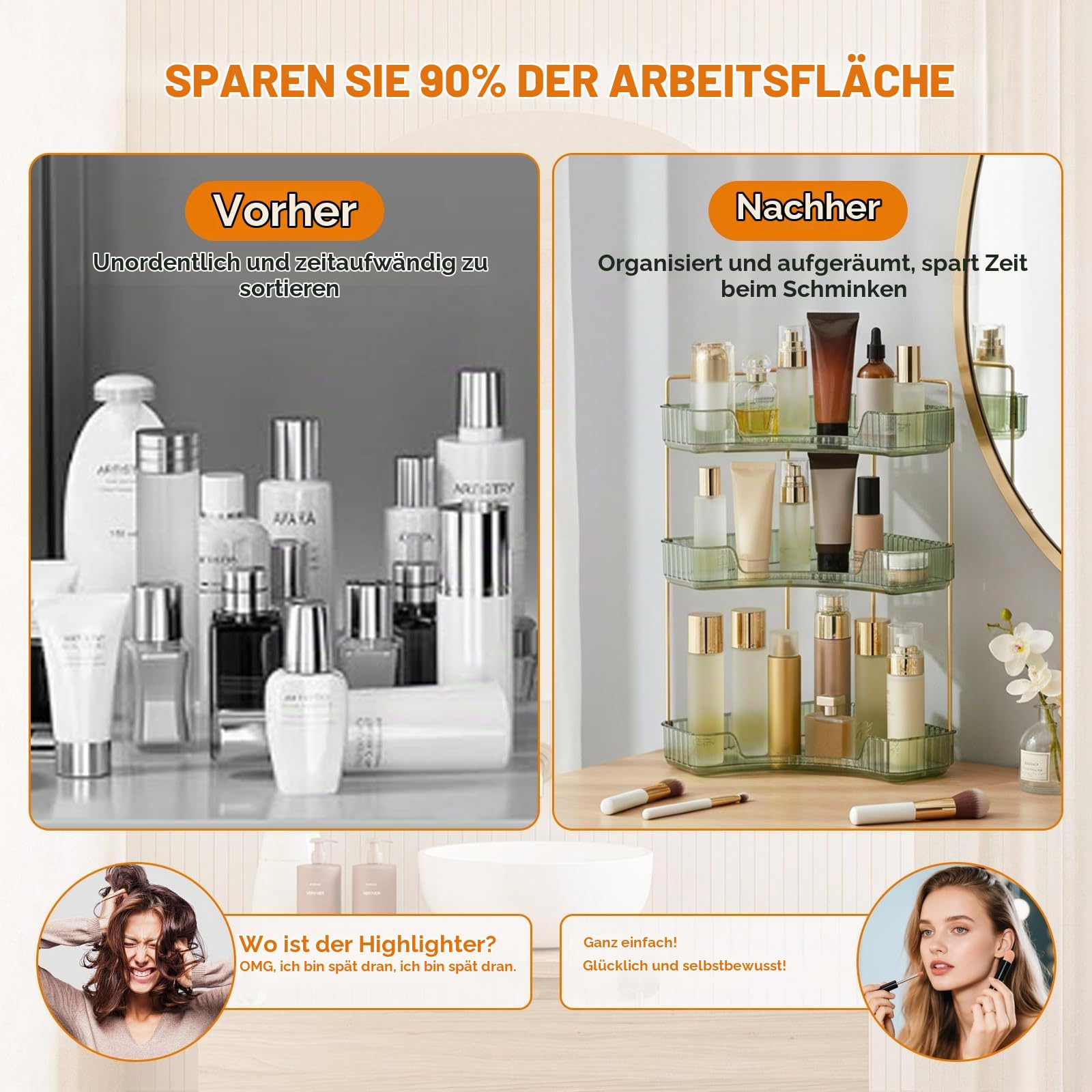 SHANNA Eckiger Make Up Kosmetik Organizer: Verstellbarer Organizer mit Großer Kapazität, für Lippenstifte, Lidschatten und Pinsel, Aufbewahrungsbox für Schminktisch oder Kommode (3 Etagen, Grün-B)
