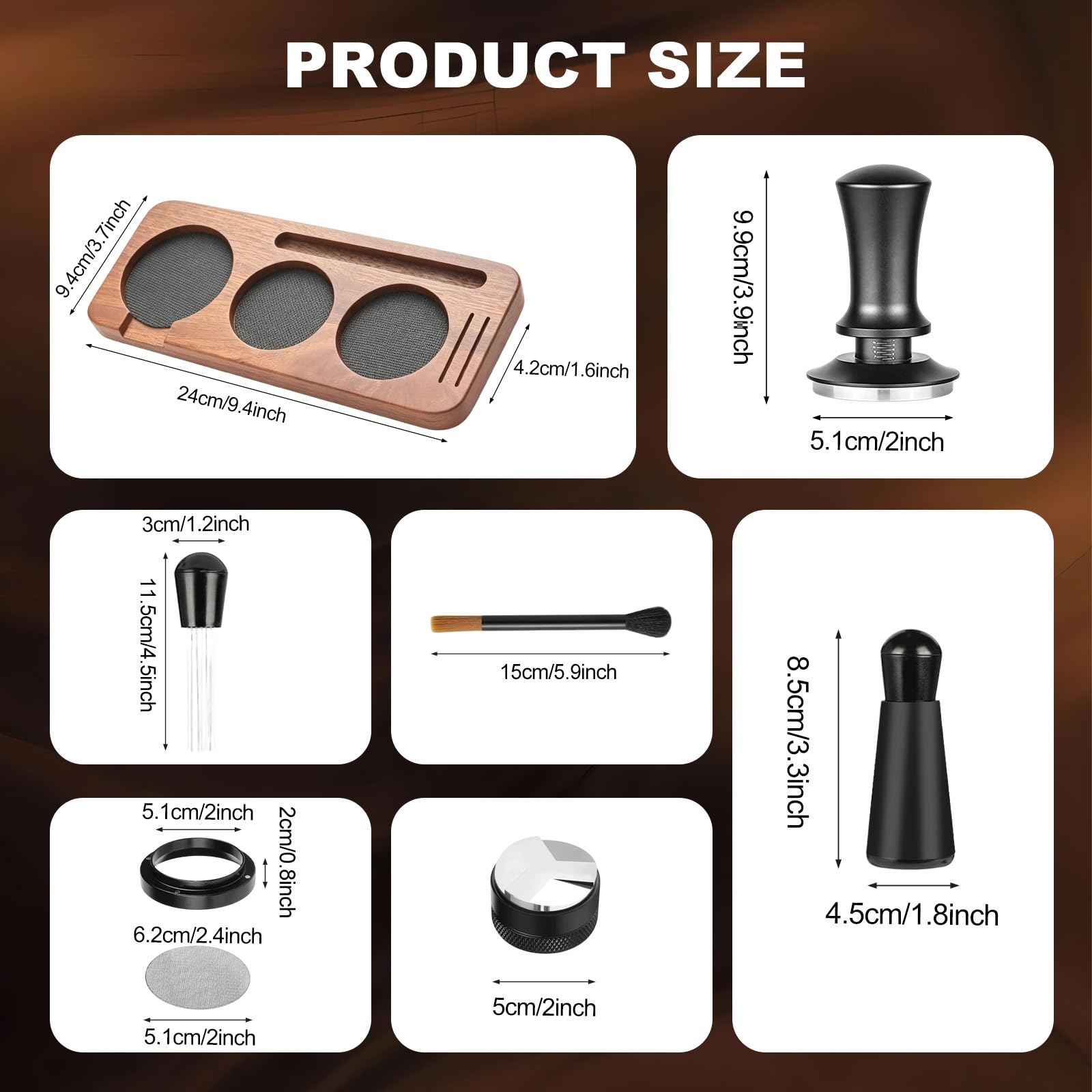 Tamper do espresso 51 mm, 7 sztuk z igłą do espresso, tamper i dystrybutor, matą do ubijania kawy, pierścień dozujący, igły, puck screen, stacja tampera i szczotka do czyszczenia ekspresu do espresso