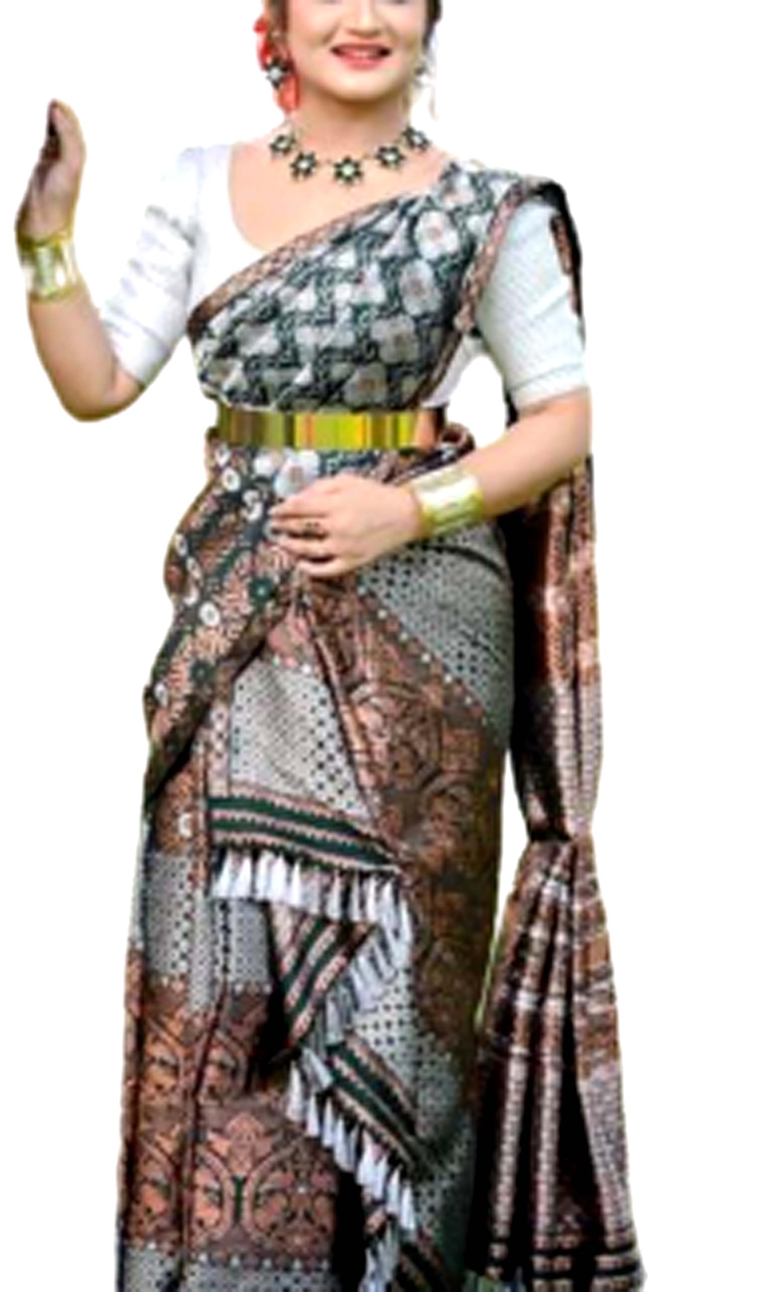 GenericWomen's Assamese Mekhela Sador Chador Pure Silk Mix Pat Zori Woven- Green Brown