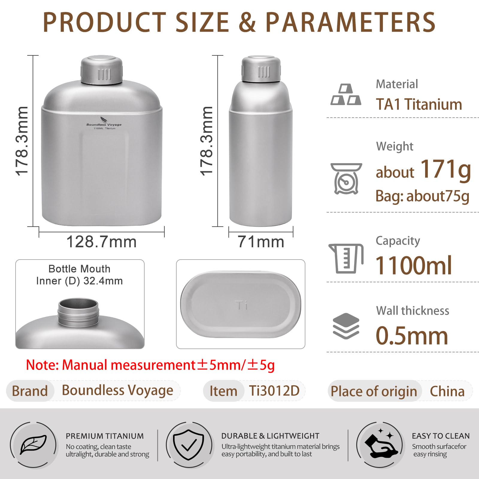 iBasingo Titan butelka polowa 1100 ml bidon kempingowy kolor tytanowy Ti3012D | Ultralekka z szczelną pokrywką i torbą na ramię, ognioodporna do wędrówek na świeżym powietrzu, trekkingu, pikniku, Bushcraft
