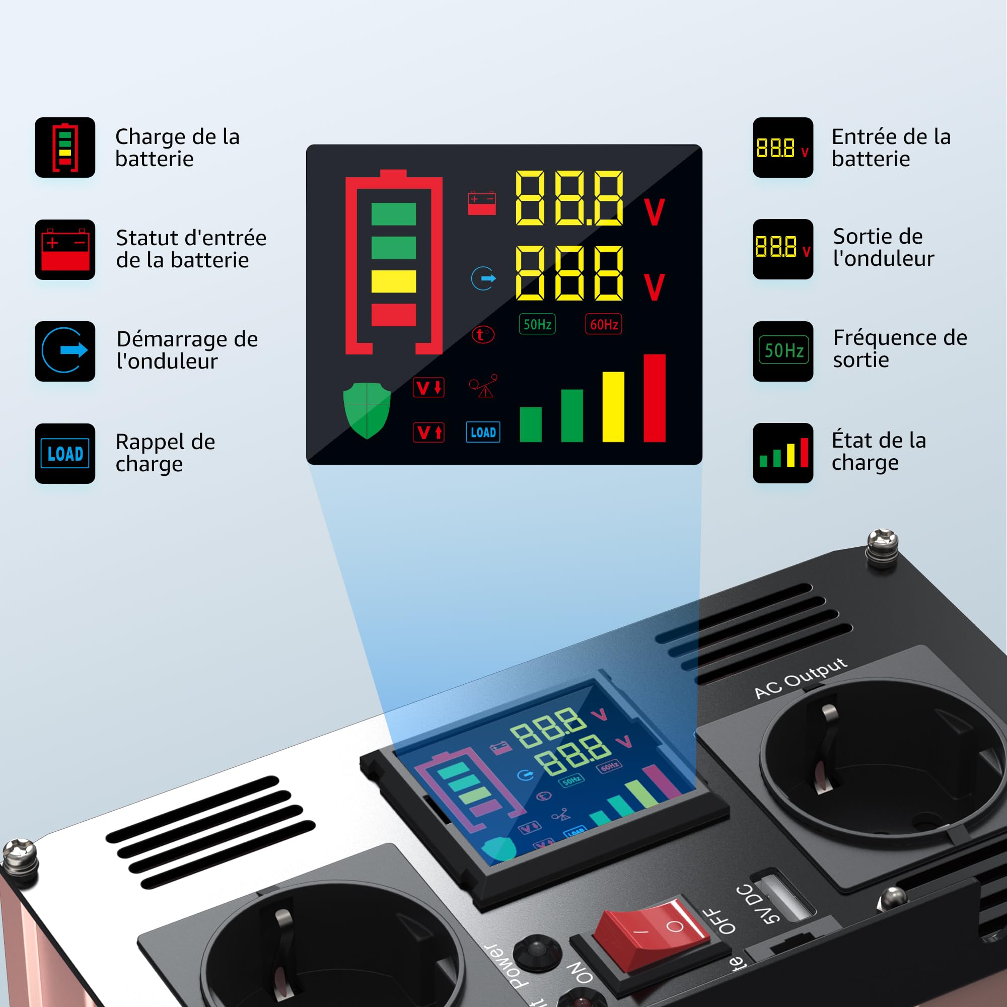 XWJNE Convertisseur 12V 220V Pur Sinus, 2000W Onduleur Voiture avec Ventilateur, Écran LCD et Télécommande, Convertisseur de Tension avec 2 Prises EU, 1 Sortie USB-A, pour Voiture Camping Caravane