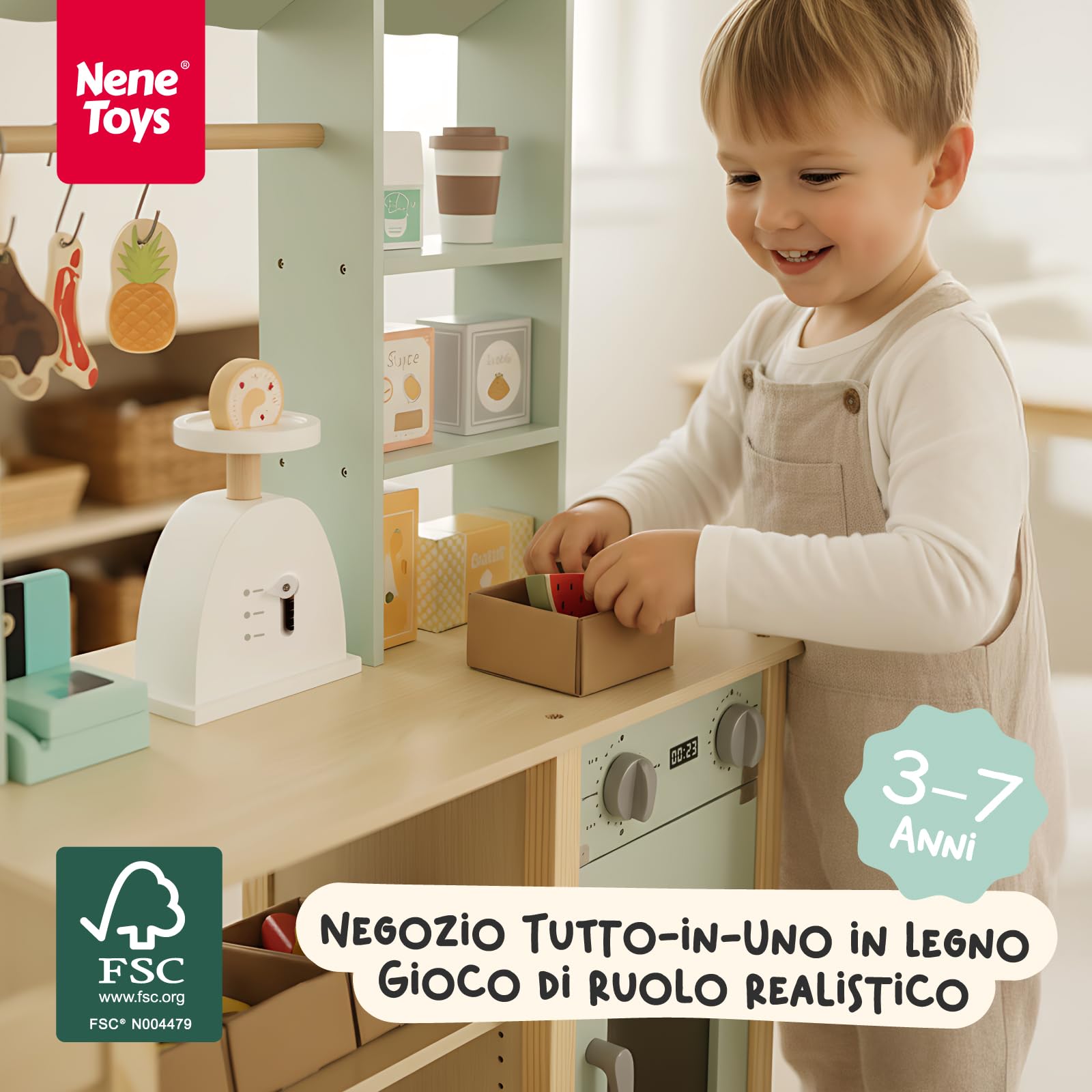 Nene Toys Negozio in Legno per Bambini – Bancarella/Stand Mercato Tutto-in-Uno con Registratore di Cassa, Bilancia, Lavagna, Asta Appendino – Lato Cucina con Forno – Giocattolo Educativo 3–7 Anni