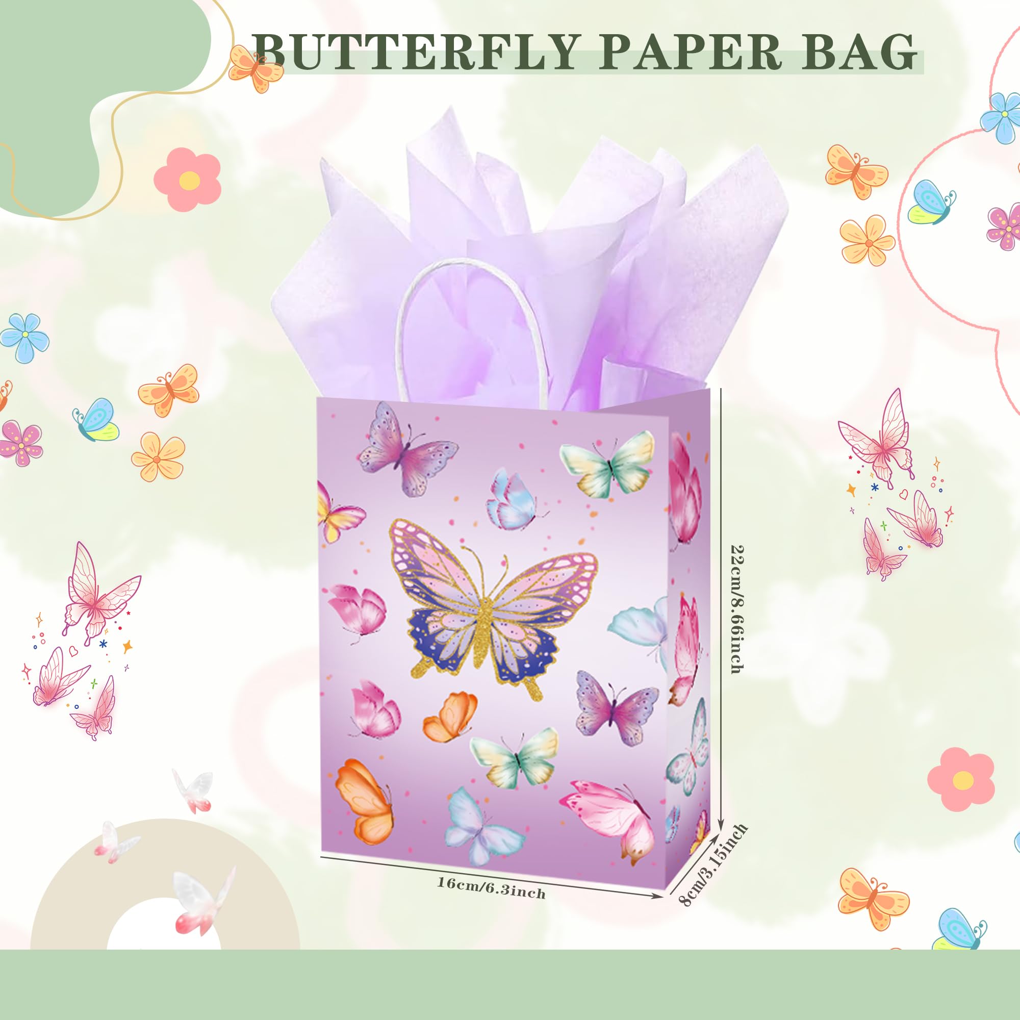 W WINTMING 16 Pcs Butterfly Gift Bags Butterflies Party Favor Bags with Tissue Paper Pink Purple Paper Goodie Bag Birthday Bag for Wedding, Birthday, Party Supplies and Gift (Butterfly)