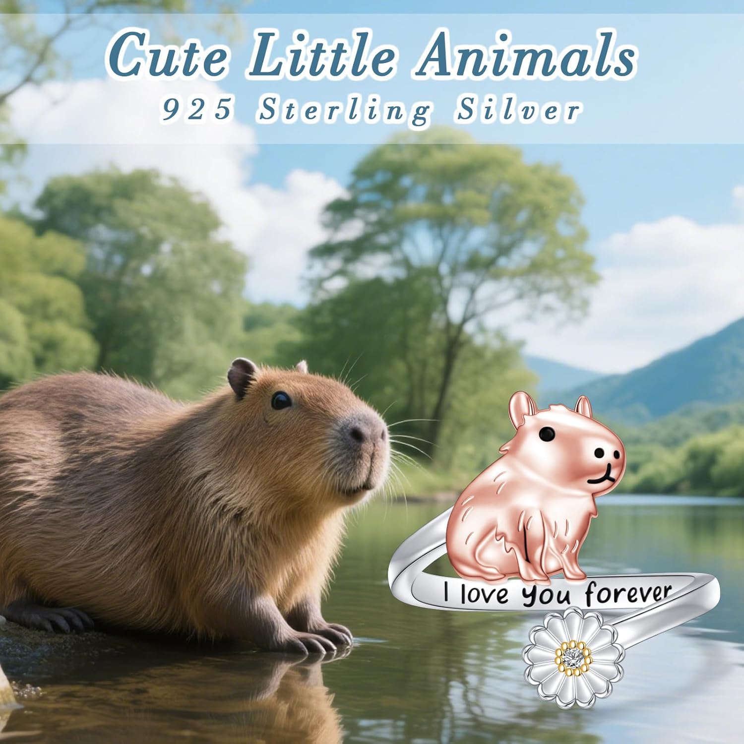 Capybara Ring 925 Sterling Silver Adjustable Cute Animal Open Rings with Daisy Capybara Jewelry Gift for Women - Image 5