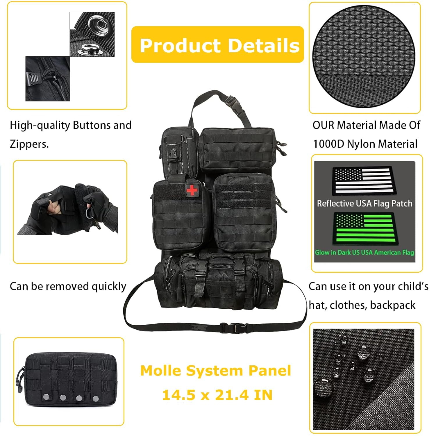 Organizer tattico per sedile posteriore, borsa portaoggetti tattica con pannello Molle per veicoli con 5 tasche staccabili, organizer per pannelli tattici per veicoli adatti a tutti i veicoli