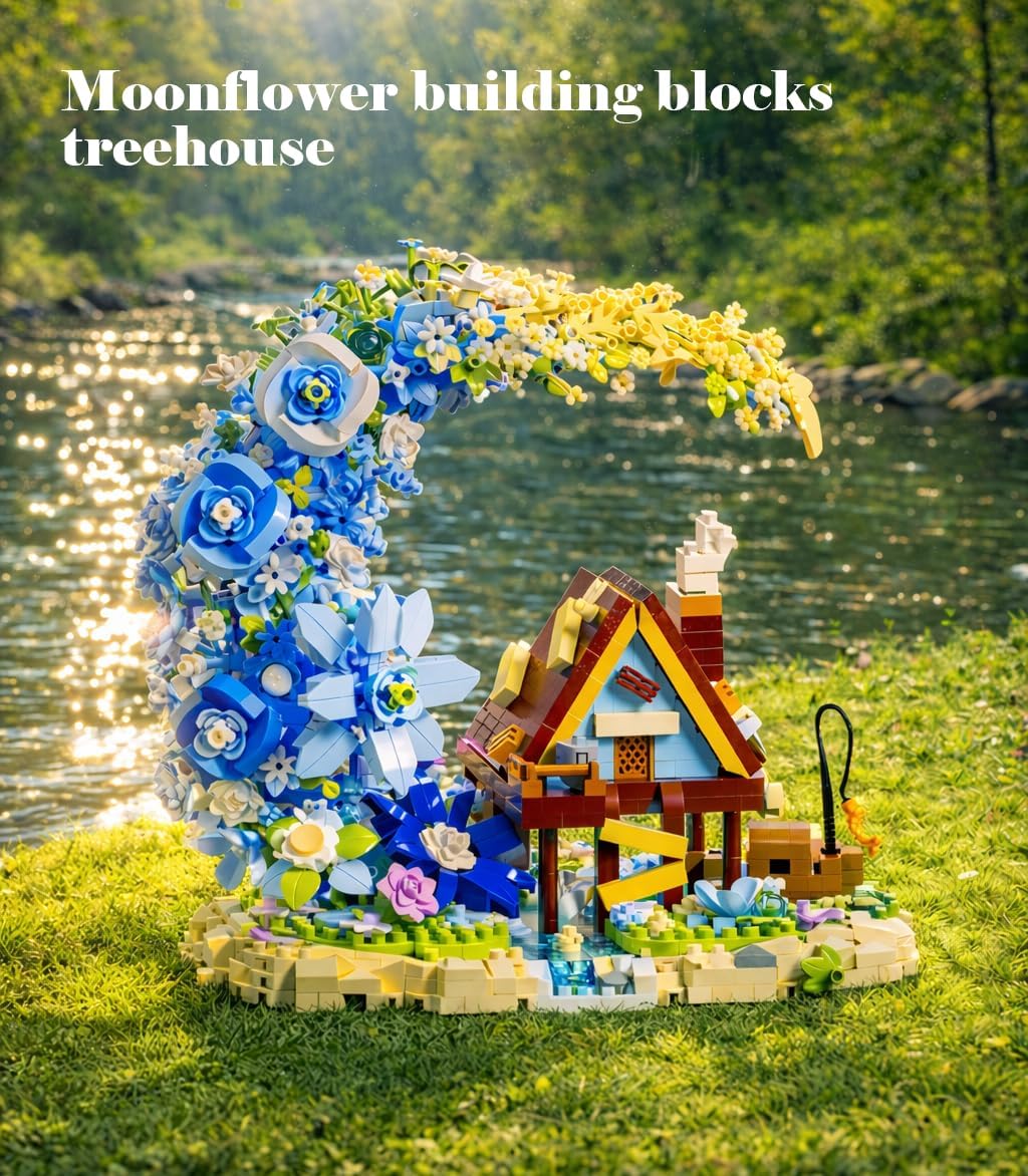 Fairy Moon Flower Building Block Set with LED Lights, Fairy Cottage Themed Garden Decoration, Creative Home and Office Decoration