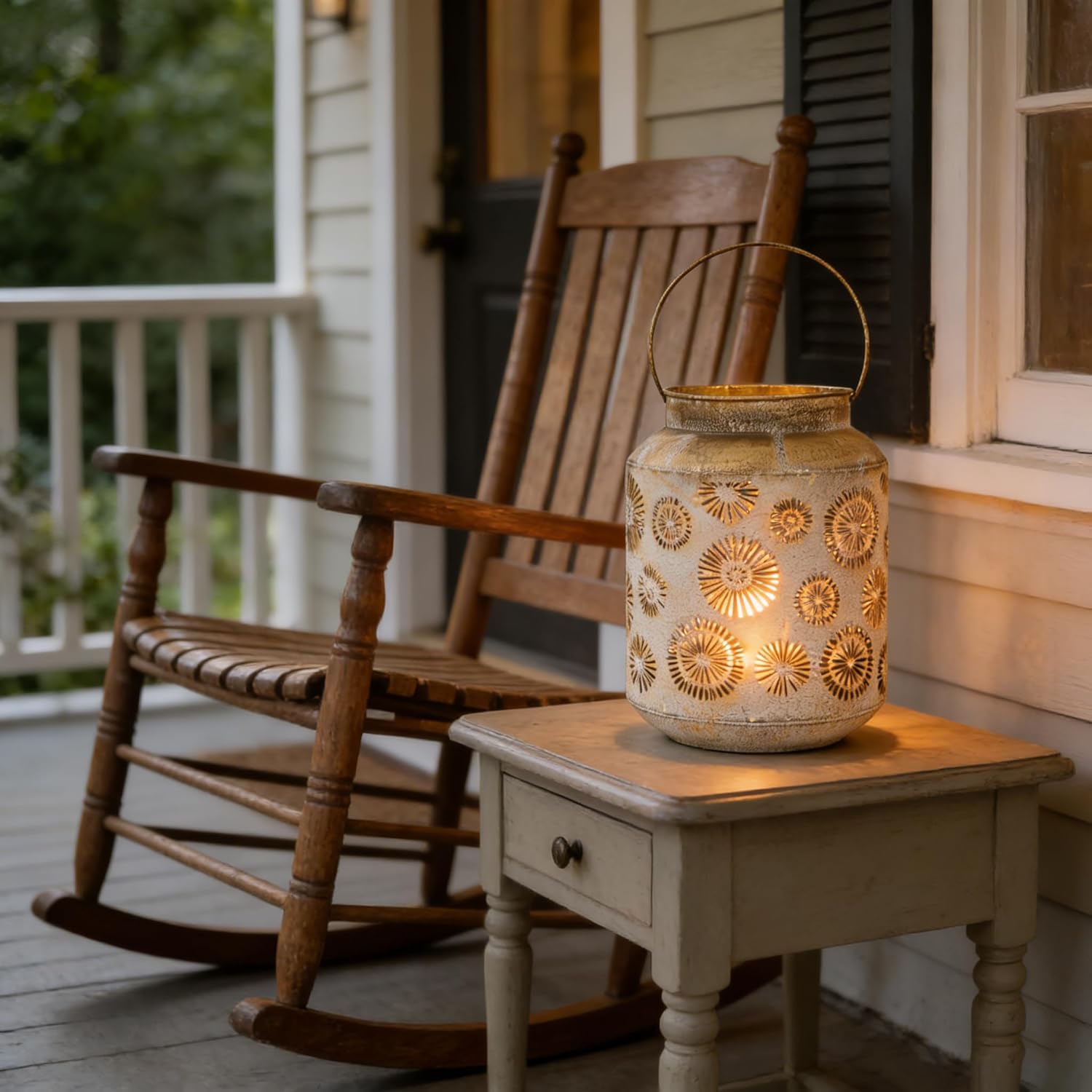 Rustic Metal Hanging Lantern, 8.66" H Vintage Distressed Gold Firework Cutout Decorative Lantern for Indoor Outdoor Use, Tabletop Patio Wedding Centerpiece, Fits Pillar & LED Candles