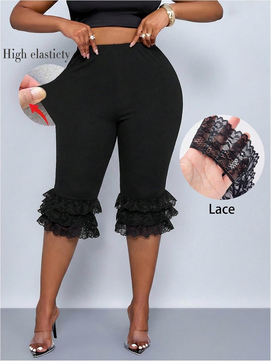 GORGLITTER Women's Plus Size Lace Lace Capri Leggings Tiered Ruffle Pants Summer Half Slips Sheer Mesh Cropped Pants
