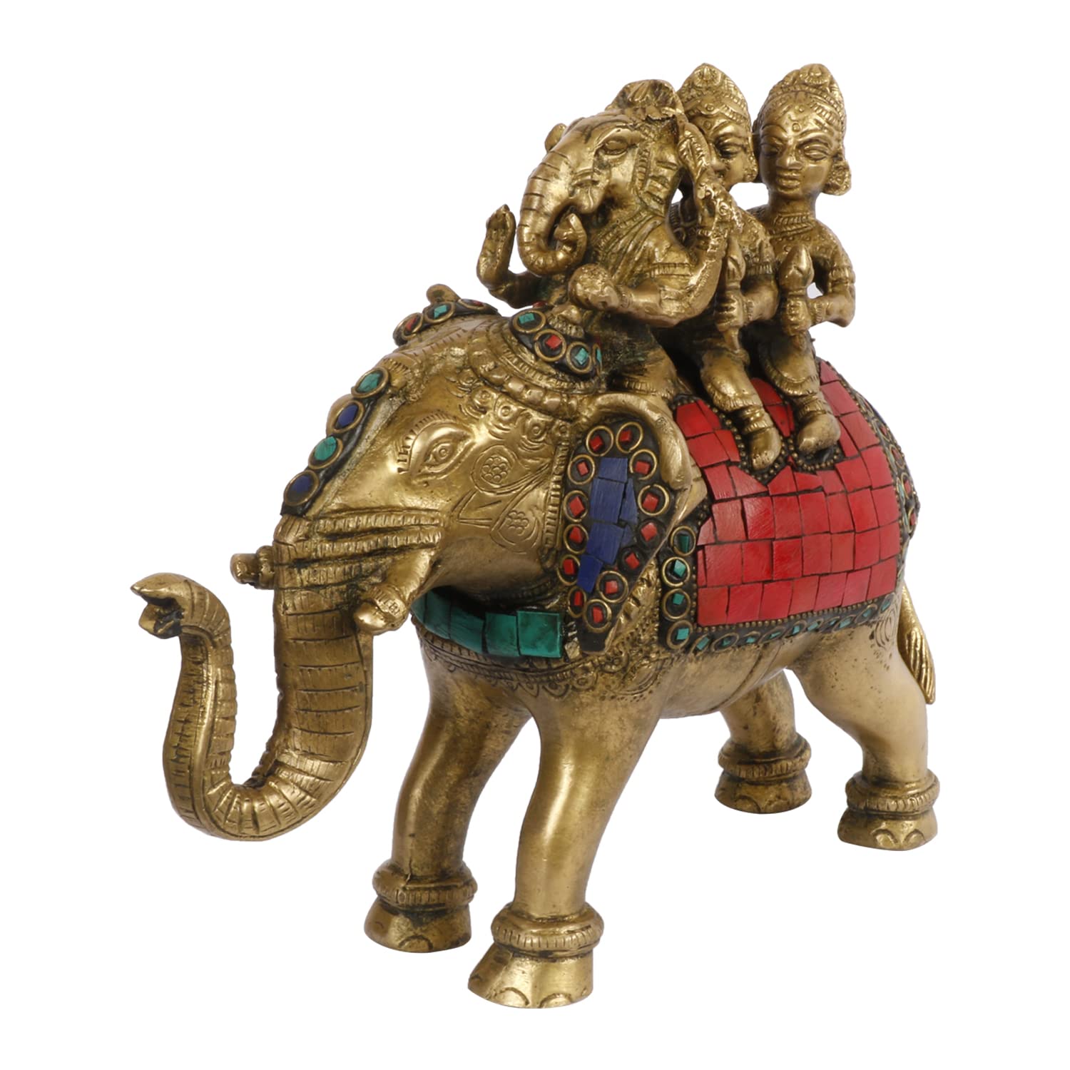 Kartique Brass Bhagwan Ganesha Riddhi Siddhi Riding On Elephant Idol Statue Ganpati Murti for Home Decor Living Room Good Marriage Gift Luck Feng Shui Multicolor Stone Chip Height 7 Inch