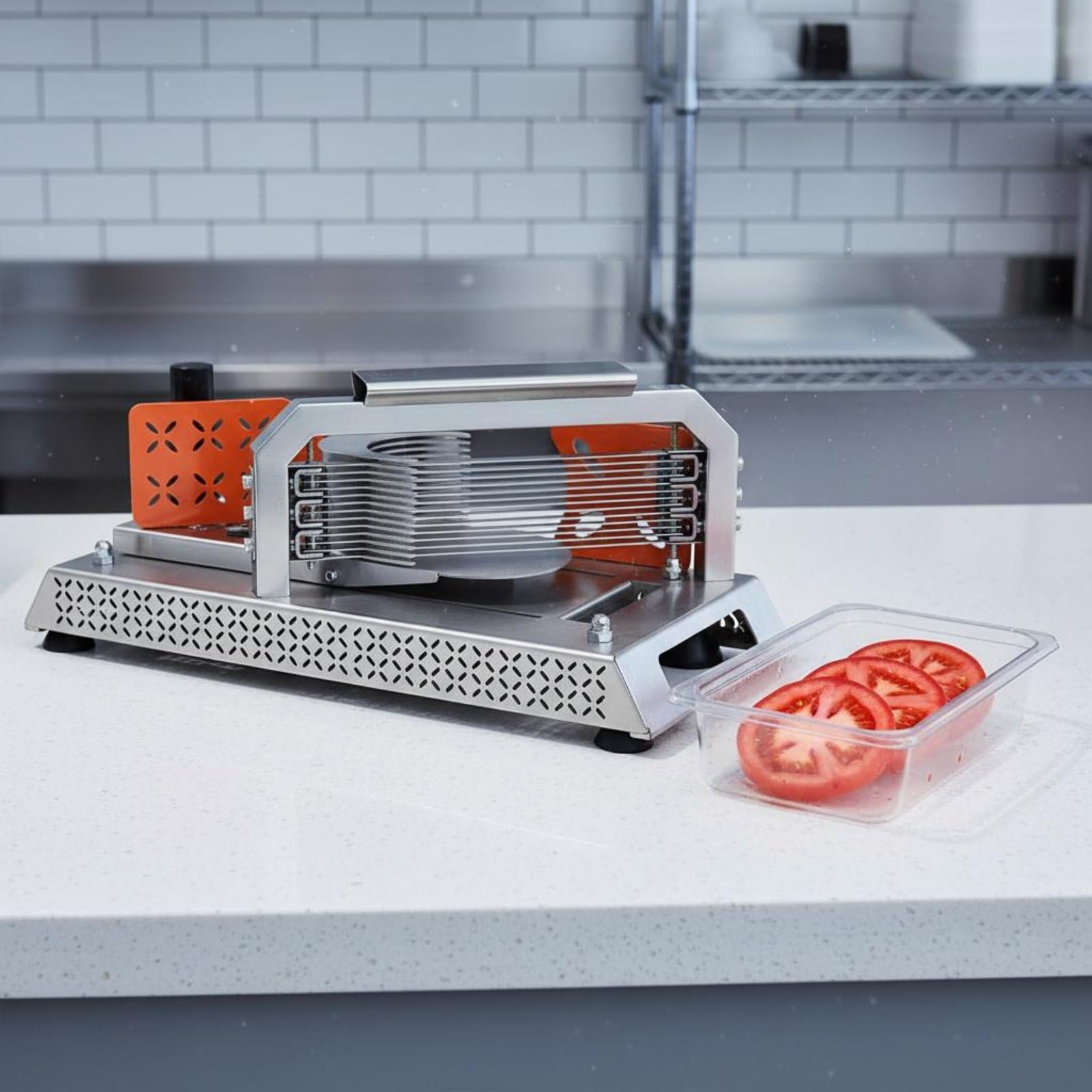 Qianly Manueller Tomatenschneider manuelle Bedienung Tomatenschneider gleichmäßige Scheiben Edelstahl Obstschneider für Gastronomiepersonal, Catering