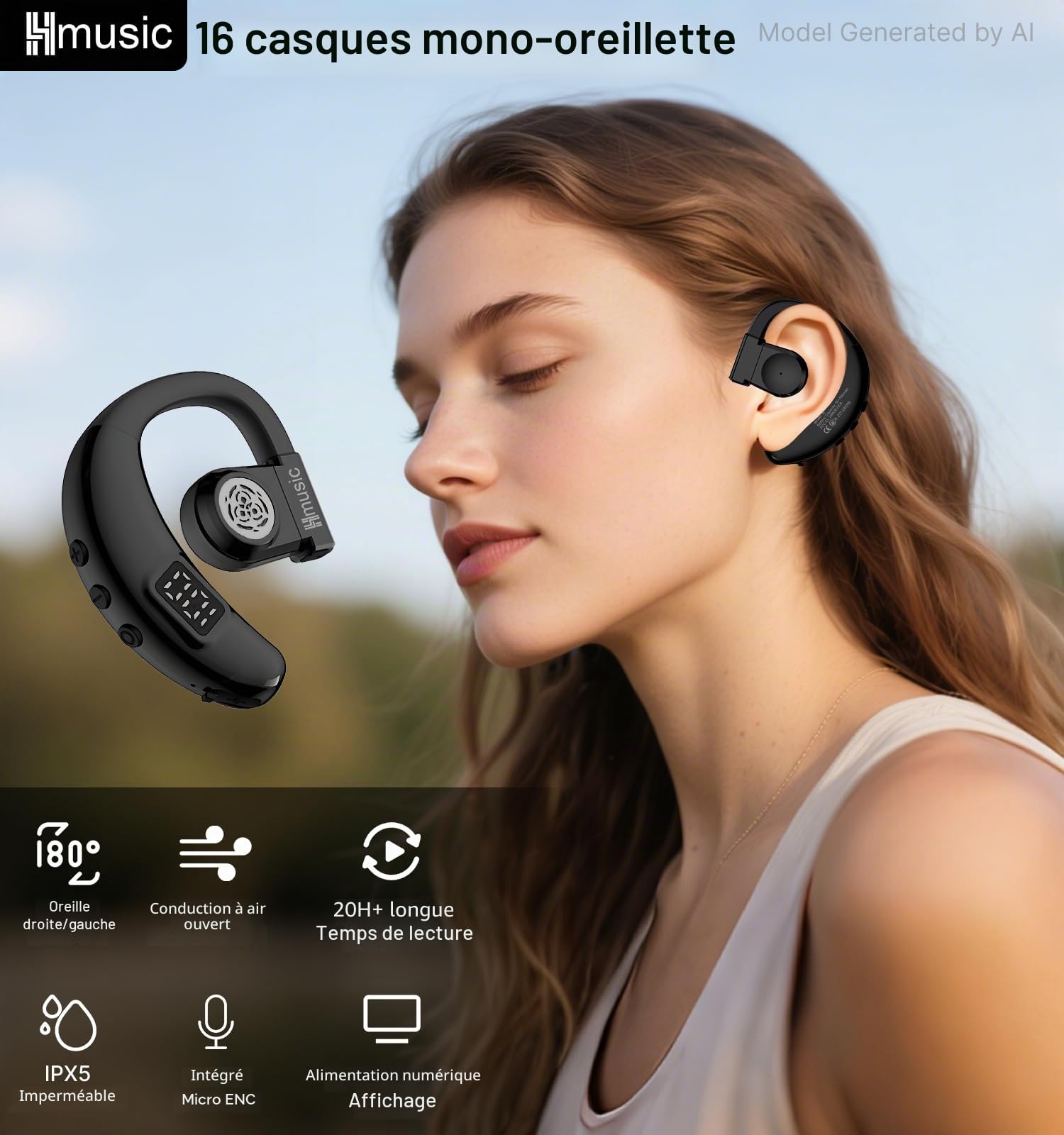 Hmusic Oreillette Bluetooth sans Fil V5.4, IPX5 Étanche, Kit Mains Libres avec 2 Micro Anti-Bruit, 20H d'Autonomie, 18g Ultra-léger, Affichage Numérique LED, pour Conduite, Bureau, Affaires
