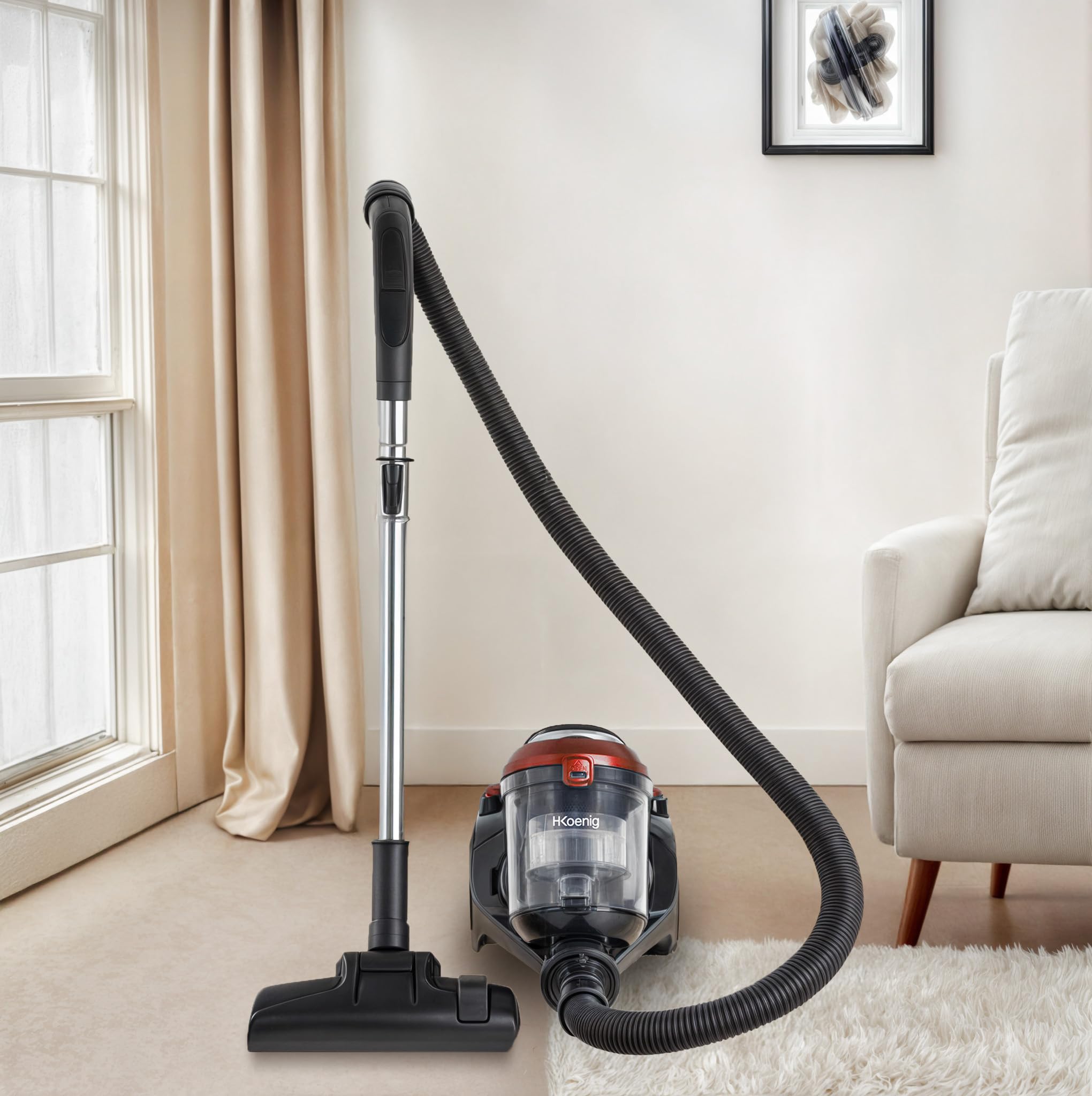 H.Koenig Aspirateur sans Sac cyclonique STC58, Aspirateur Traineau, Silencieux, Puissant 850 W, Capacité 2,5L, Compact et Léger pour Sols Durs, Tapis et Animaux, Filtre HEPA12, Rouge