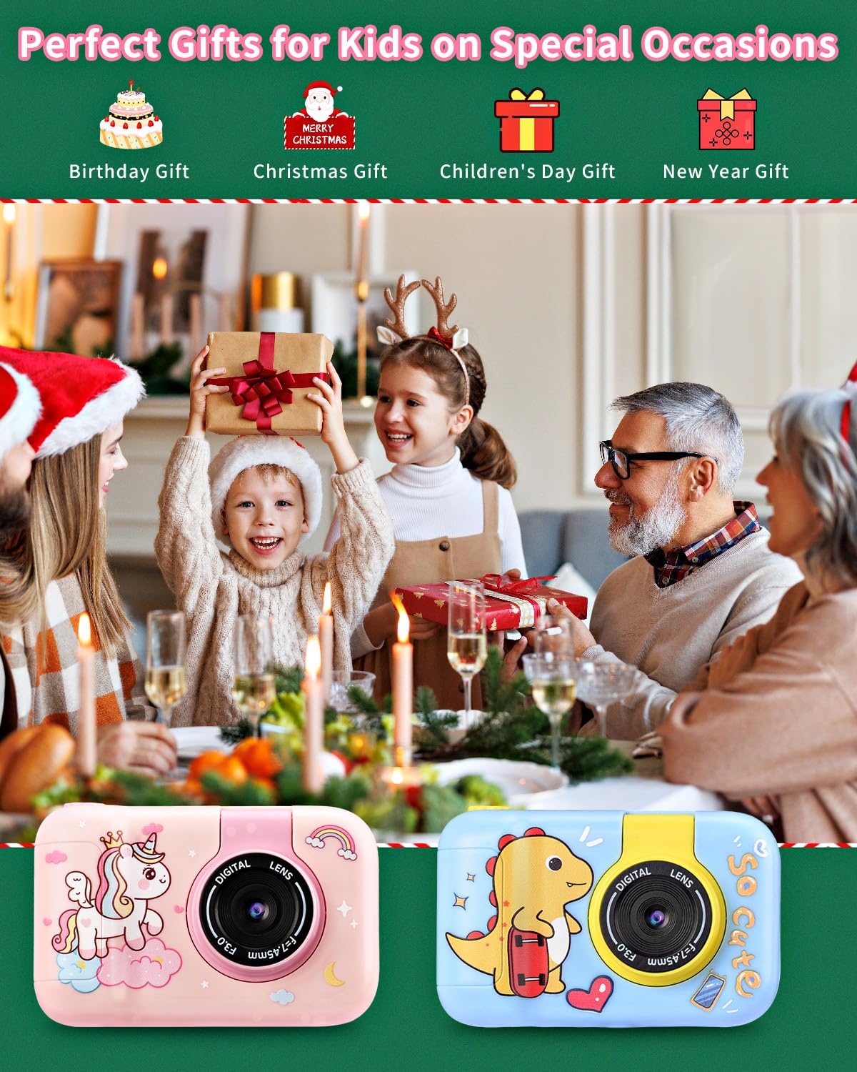 Fotocamera per Bambini con Treppiede, Macchina Fotografica Digitale Unicorno per Ragazze e Ragazzi 3-10 Anni, 1080P, Display IPS 2.4", Obiettivo Rotante 180°, Scheda 32GB, Regalo Natale o Compleanno