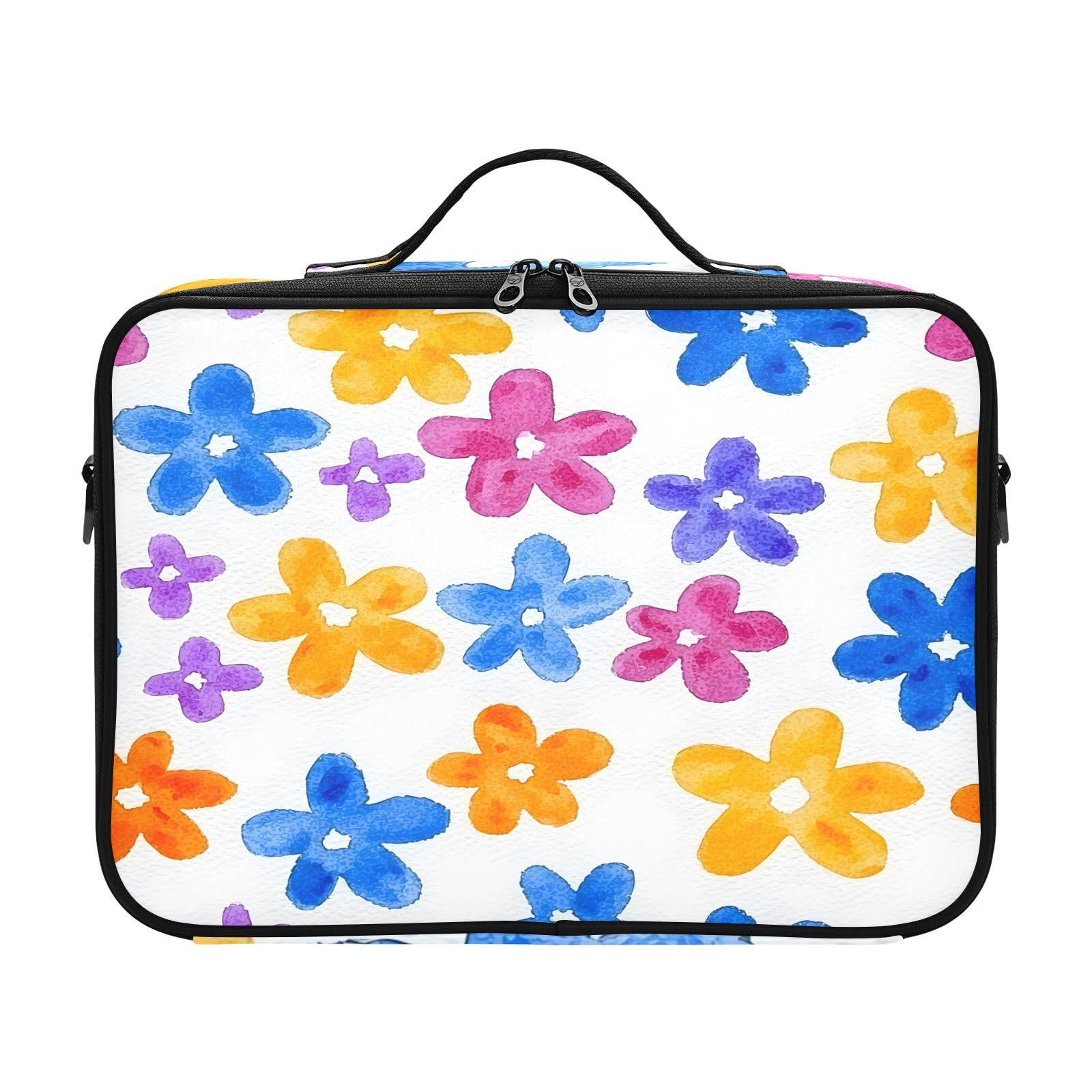 zyrtty Travel Makeup Train Case Blue Yellow Flower Pattern Cosmetic Organizer Portable Storage Bag with Adjustable Dividers for Cosmetics Brushes Toiletry Jewelry Digital Accessories