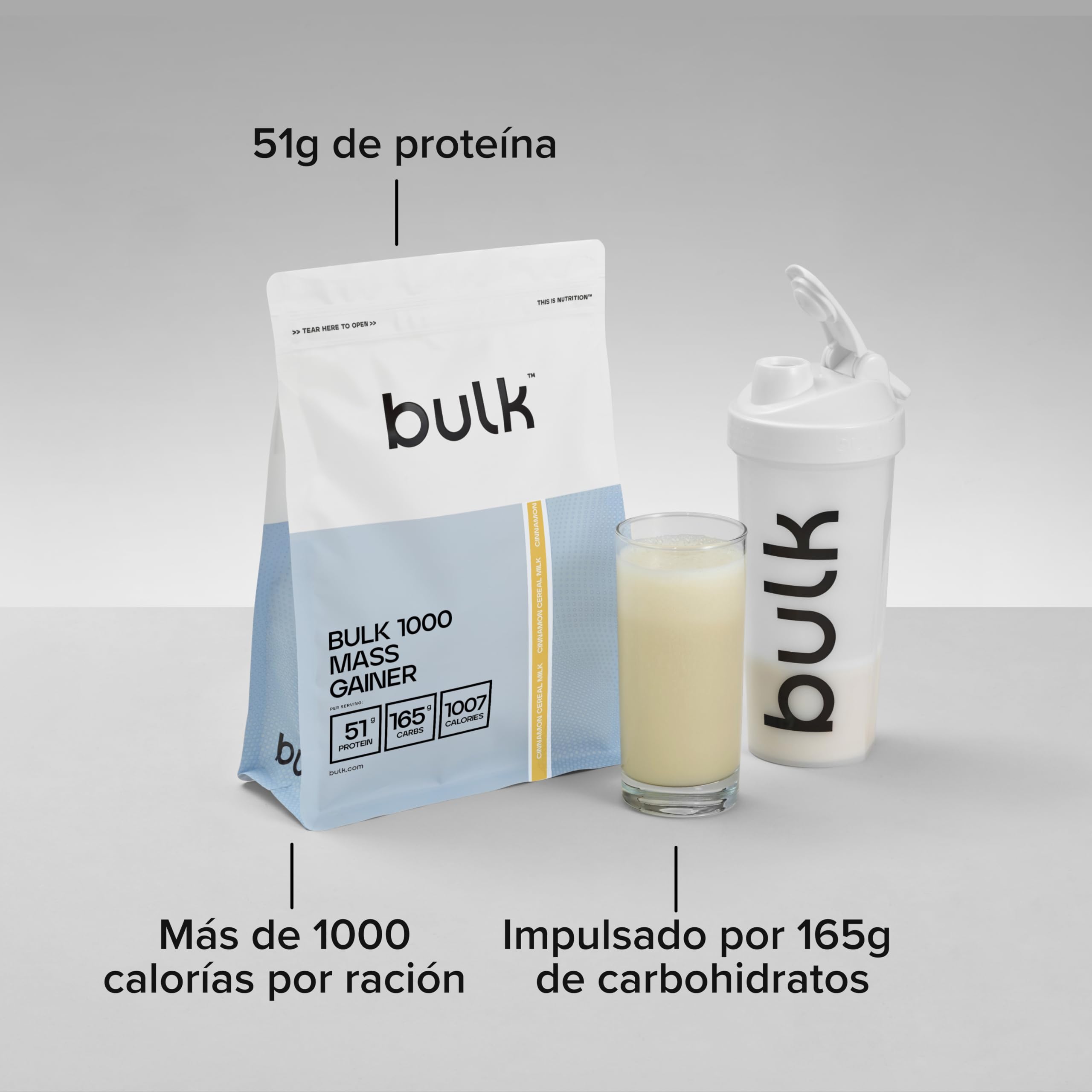 Bulk 1000 Mass Gainer en polvo, Leche de Cereales con Canela, 2.5kg