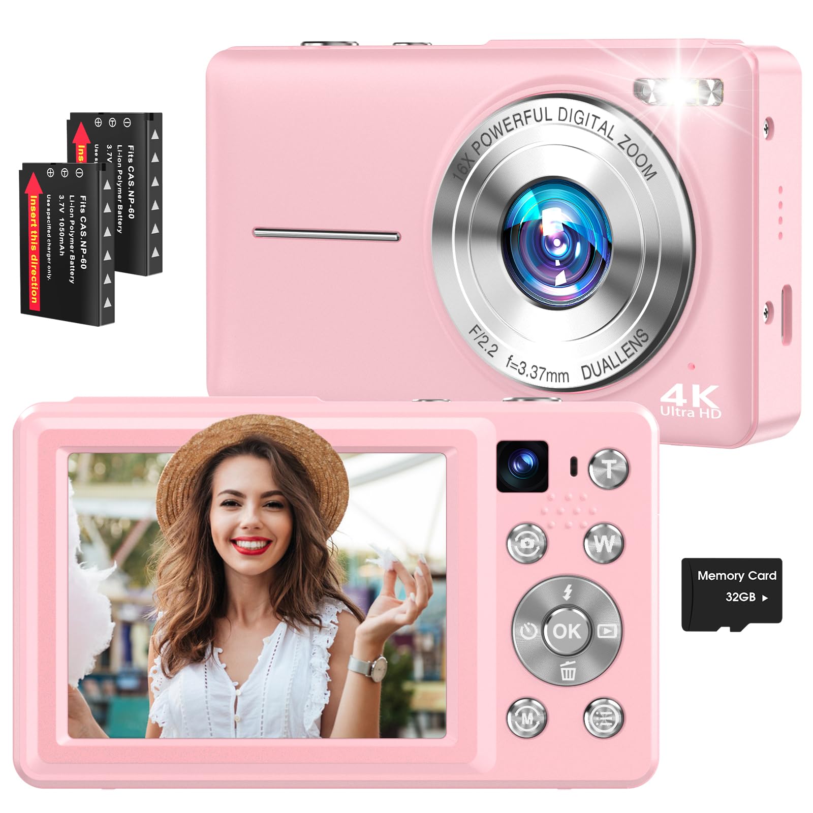 4K Digital Camera, 64MP Autofocus Vlogging Camera with Dual Lens, 16X Digital Zoom YouTube Compact Travel Point Shoot Camera for Teens Beginner,