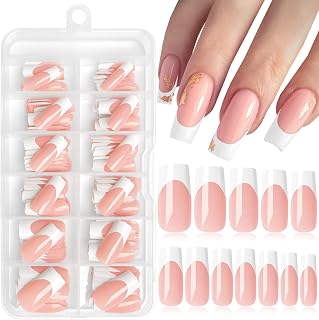 216PC White French Tip Press on Nails Medium Fake Nails Press ons with 10*Adhesive Tabs, Pink Square Acrylic Nails Press on Nails French Tip Nails False Artificial Fingernails Stick on Nails