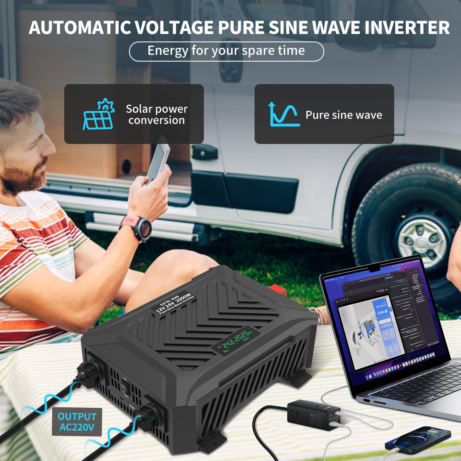 Convertisseur Dual-Voltage 12V/24V vers 220V à Pur Sinus 2000W, Détection Automatique de Tension, Transformateur Puissance Crête 4000W, 2 Prises Européennes, USB-C et USB-A écran LCD