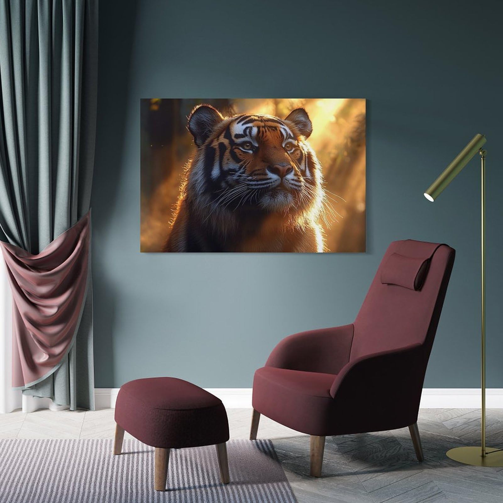 Junmoney Majestic Tiger Portrait in Golden Light Wall Art Print 16x24inch(40x60cm), for Hallway, Entryway Or Landing, A Neat Decor Update for Hallways, for Everyday Interiors