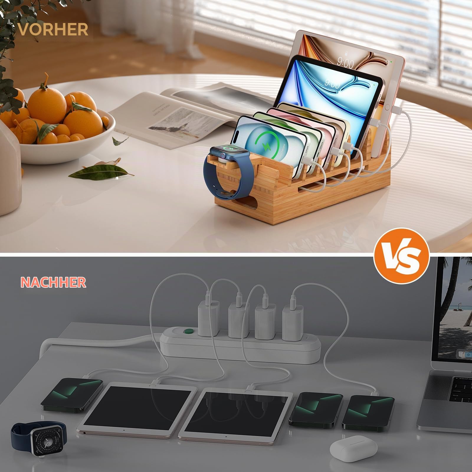 Pezin & Hulin Bambus-Ladestation mit Uhrenständer, Docking-Halterung für mehrere Geräte mit 5 Ladekabeln, Desktop-Dockstationen, elektronischer Organizer für Handy, Tablet, Uhr, natürlicher Bambus