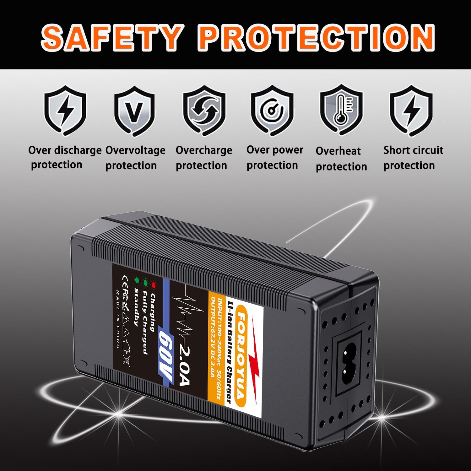67.2V 2A Lithium Battery Charger for 16S 59.2V 60V 3Prong XLR (1+ 2-3empty) Plug, Short Circuit Protection