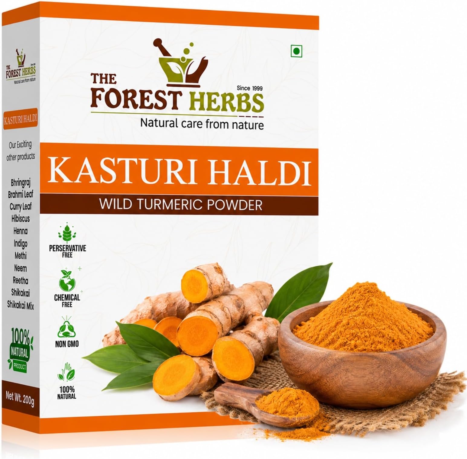 Organic Pure Kasturi Manjal Wild Turmeric Powder Amba Haldi for Skin Whitening 100Gms, Multi