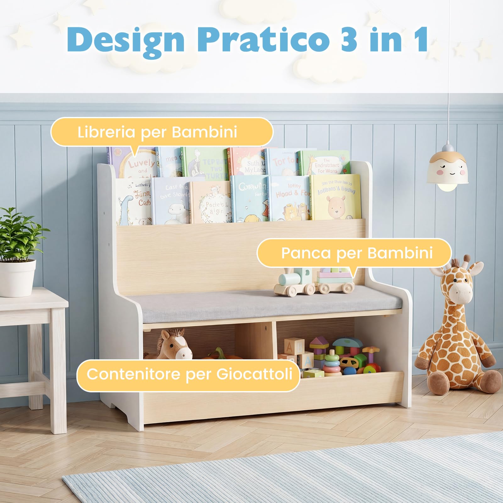 COSTWAY Libreria Montessoriana per Bambini con Panchina, Porta Libri Bambini con Portariviste a 2 Ripiani, 2 Scomparti Aperti e Cuscino Seduta Rimovibile, Libreria Salvaspazio per Cameretta (Bianco)