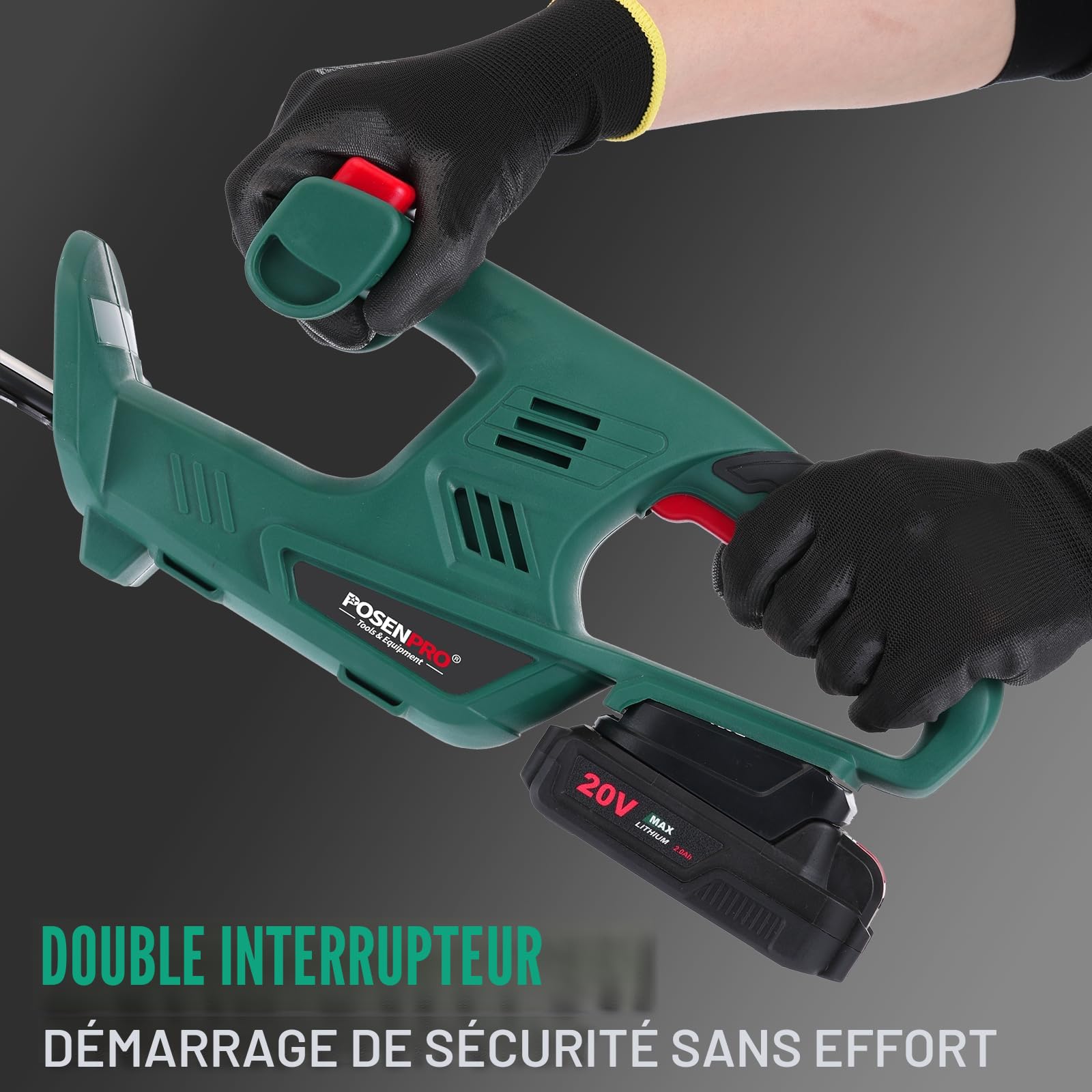 Taille-Haie à Batterie, POSENPRO Taille Haie Electrique avec Batterie 2.0Ah, Lame Double Action de 45 cm, 14 mm Écartement des Dents, Taille-Haies sans Fil 20 V, Idéal pour Les Haies Hautes