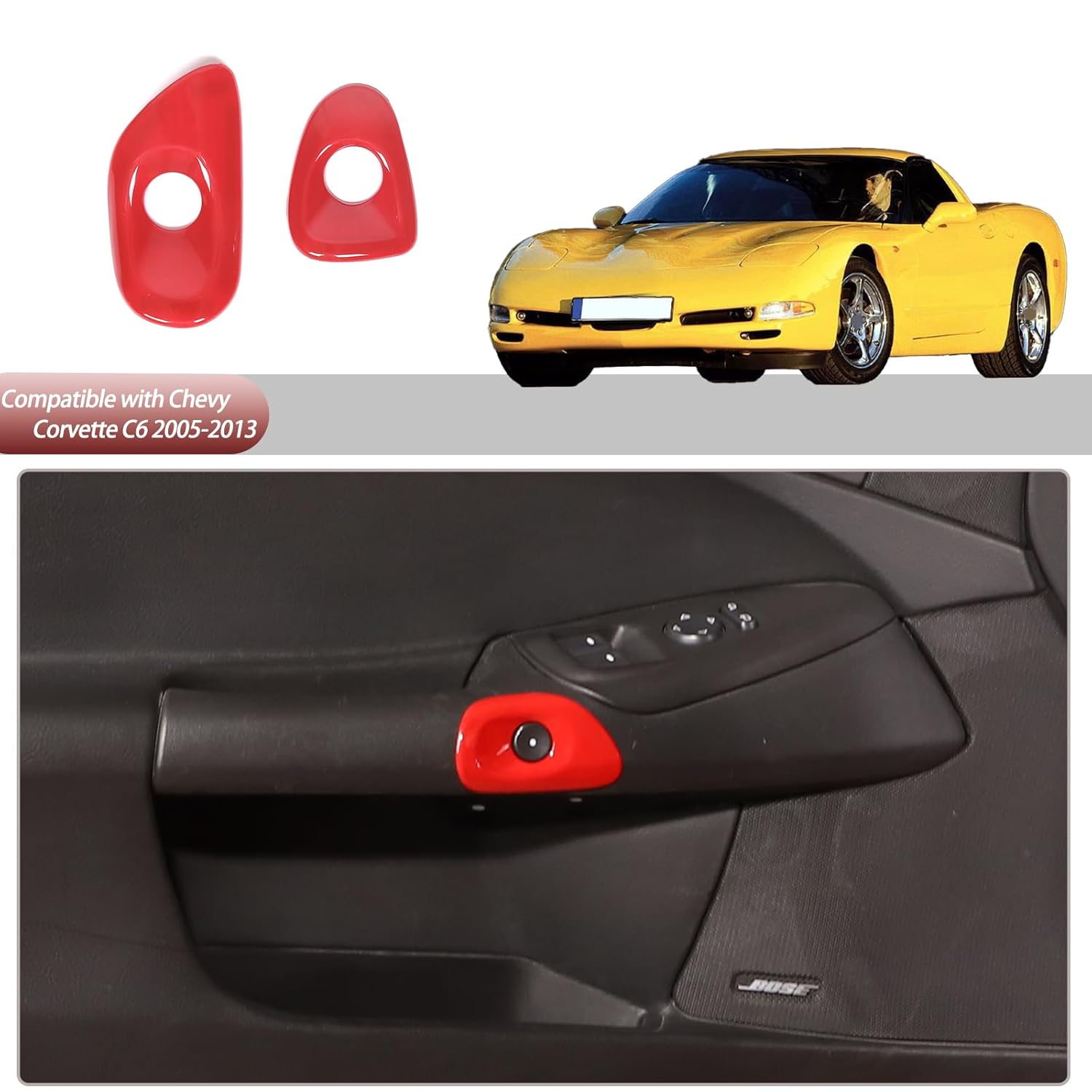 Car Door Switch Cover Trim Compatible with Chevy Corvette C6 2005-2013, Interior Door Release Bezel Switch Button Trim Accessories (Sports red)