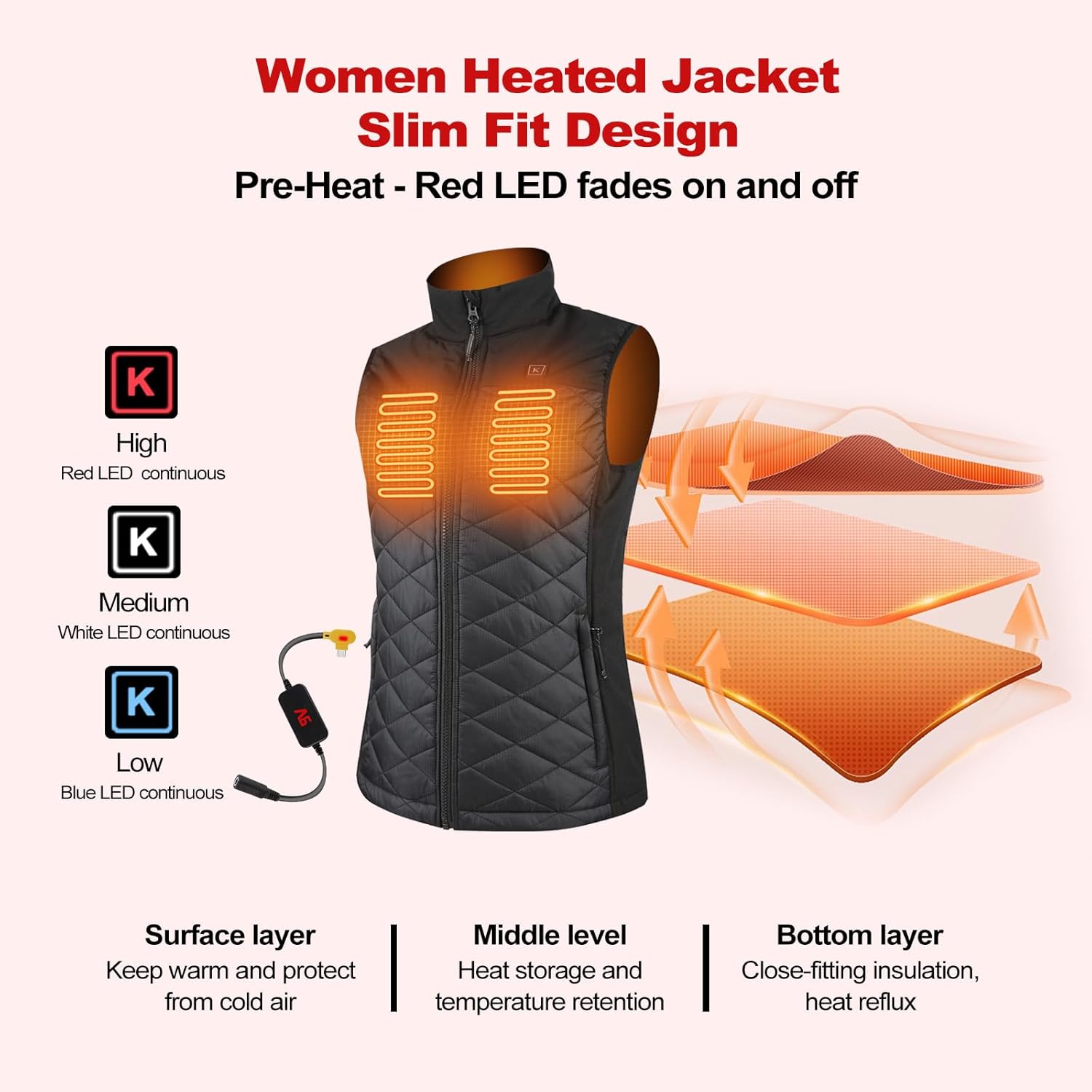 Heated Vest for Women with 9V Heated Jacket Battery Step-Up Adapter Charger Cable USB-C, Puffer Classic Warming Vest - Image 5