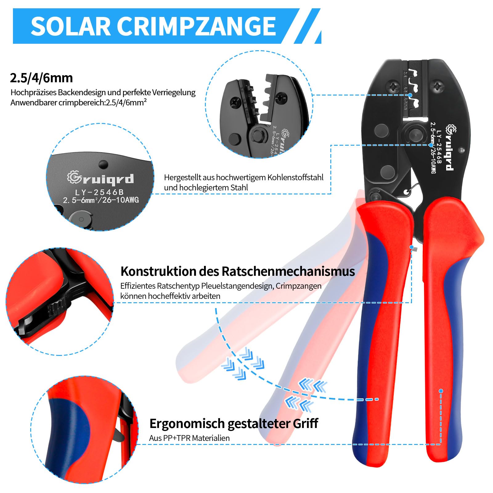 Solar Crimpzange Set für 2.5/4/6mm² Solarpanel PV Kabel, 1x Crimpzange+1x Abisolierzange+10 Paar Solarkabel Stecker+10 Paar Männlich/Weiblich Solar Stecker+2xSolar Steckverbinder Schraubenschlüssel