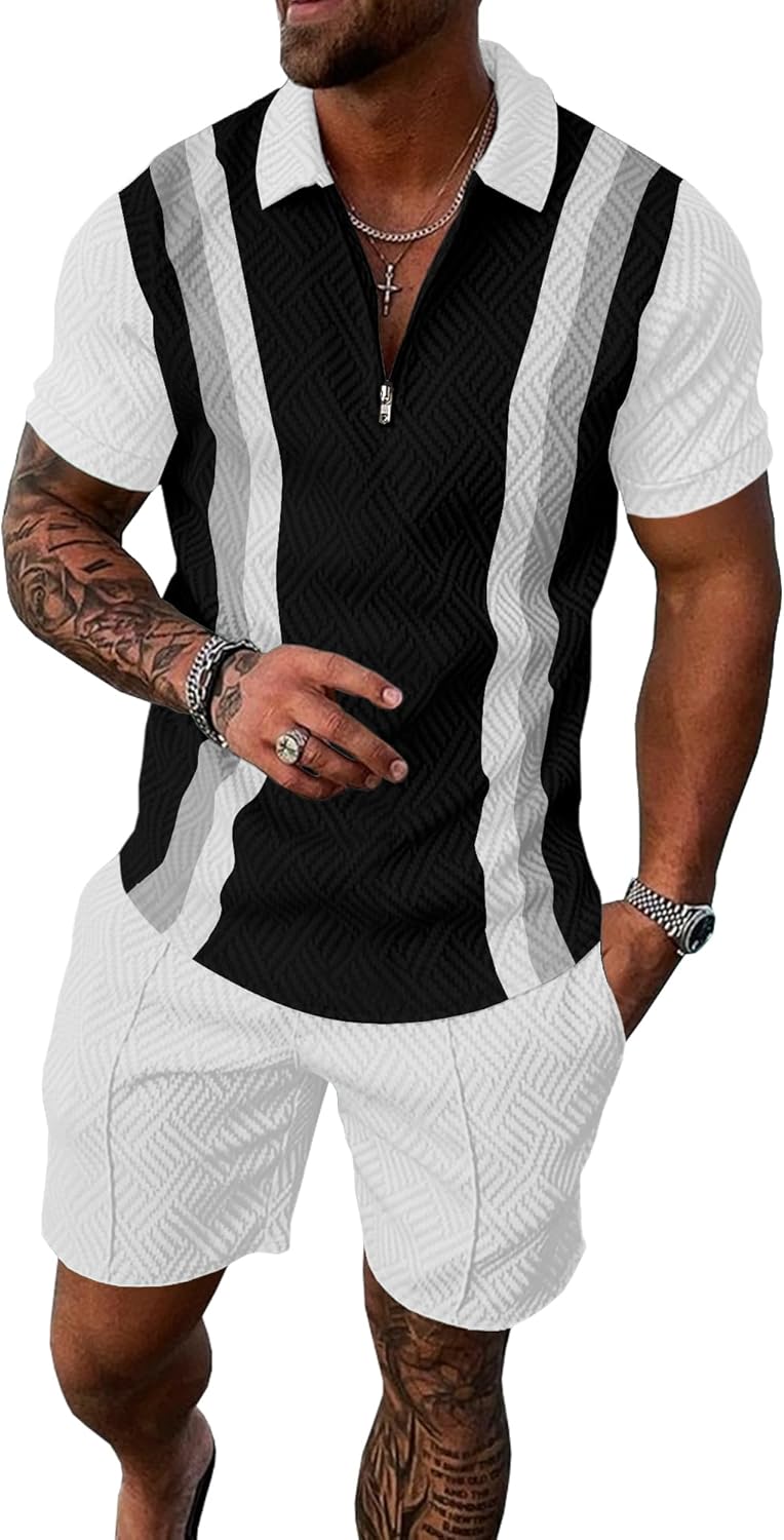 UOUA Mens Summer Track Suits 2 Piece Shorts Sets Short Sleeve Sweatsuit Outfits 1/4 Zip Golf Polo Splicing Striped Shirts